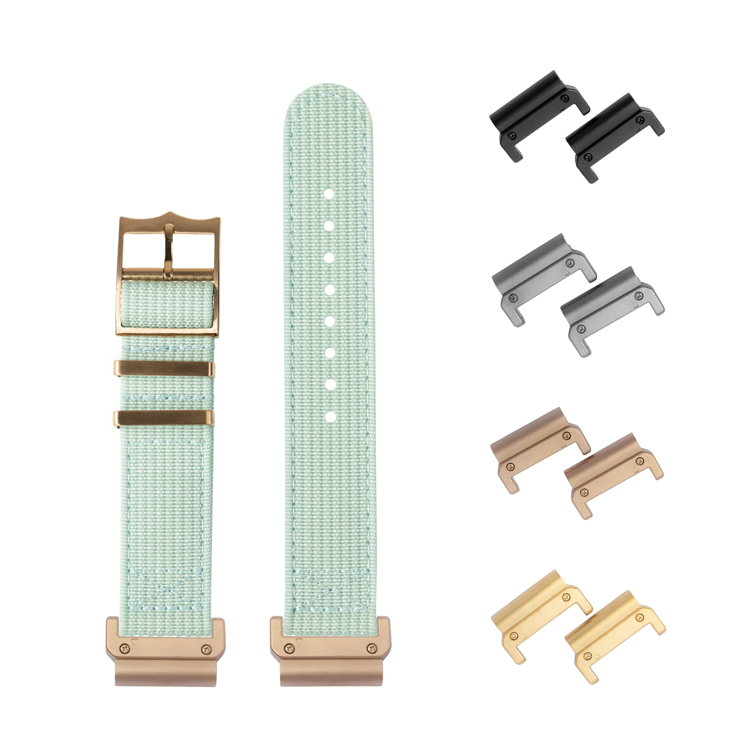QuickFit Alpha Militex light blue fabric watch strap 22mm with interchangeable metal connectors in black, silver, rose gold and gold finishes