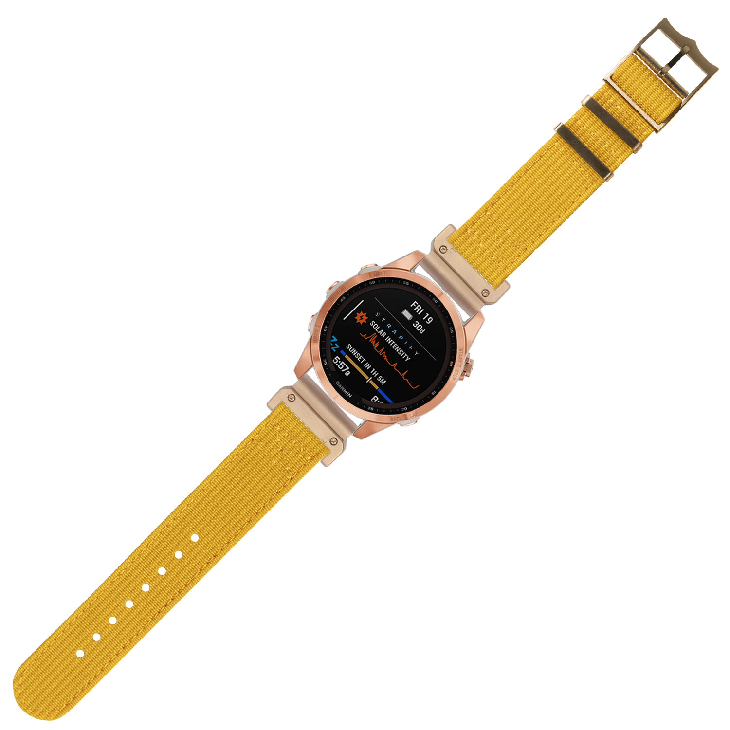Rose gold smartwatch with black AMOLED display and mustard yellow QuickFit fabric strap with bronze hardware