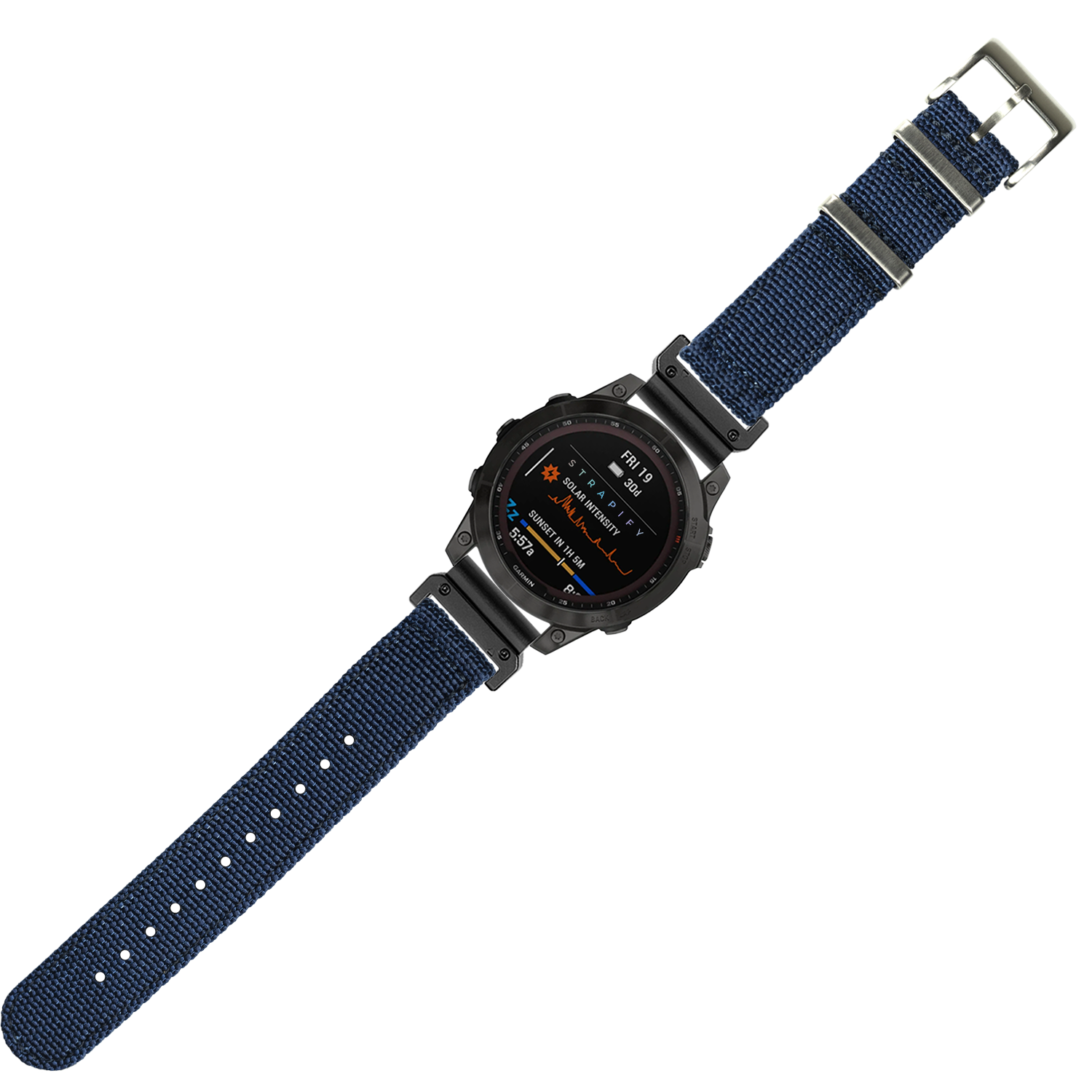 Black digital tactical watch with navy blue fabric strap and orange display showing altitude and compass data