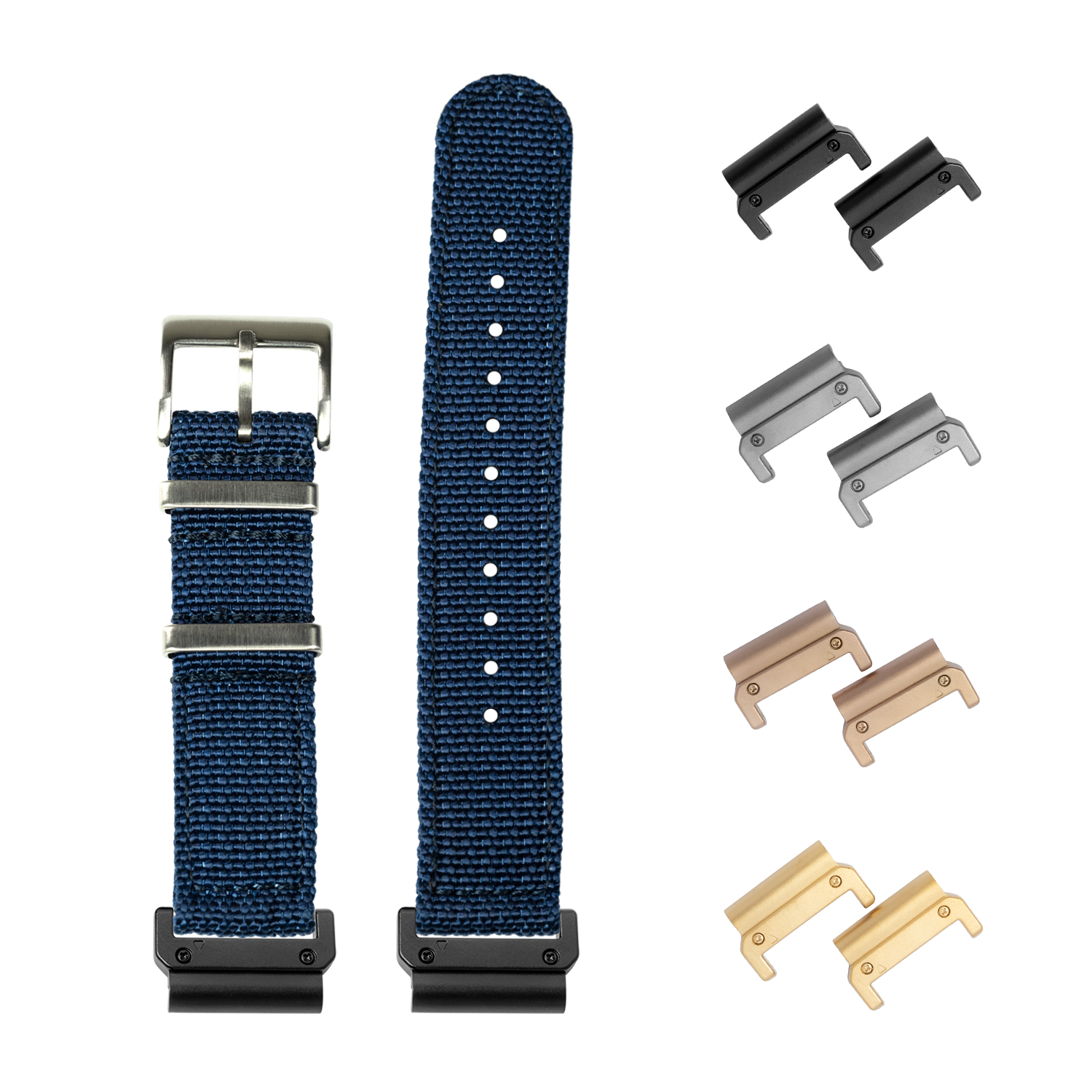 QuickFit Alpha Militex navy blue 22mm watch bands with interchangeable metal lugs in black, silver, rose gold and gold finishes