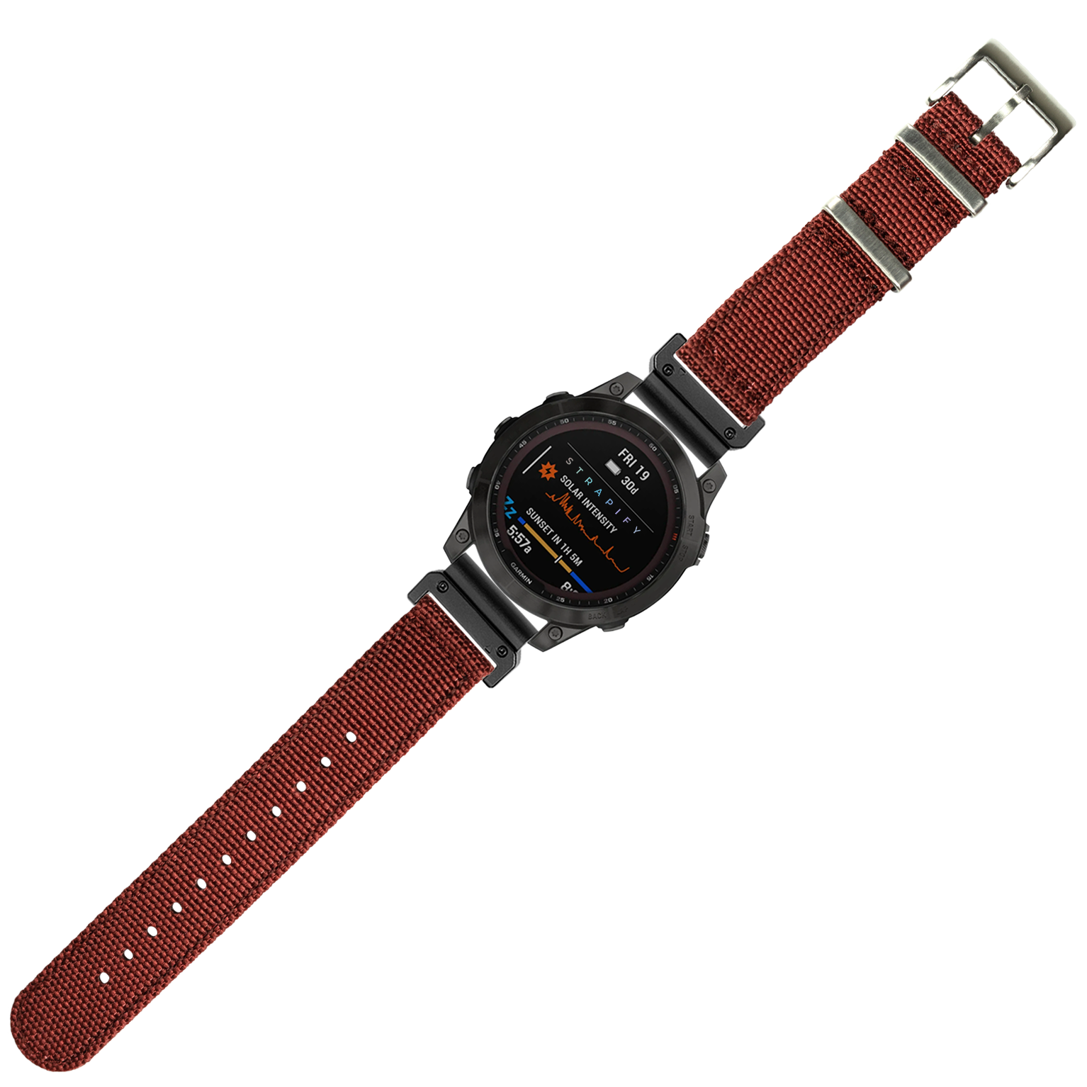 Black digital sports watch with red textile NATO-style strap and metal hardware displaying fitness metrics on AMOLED screen