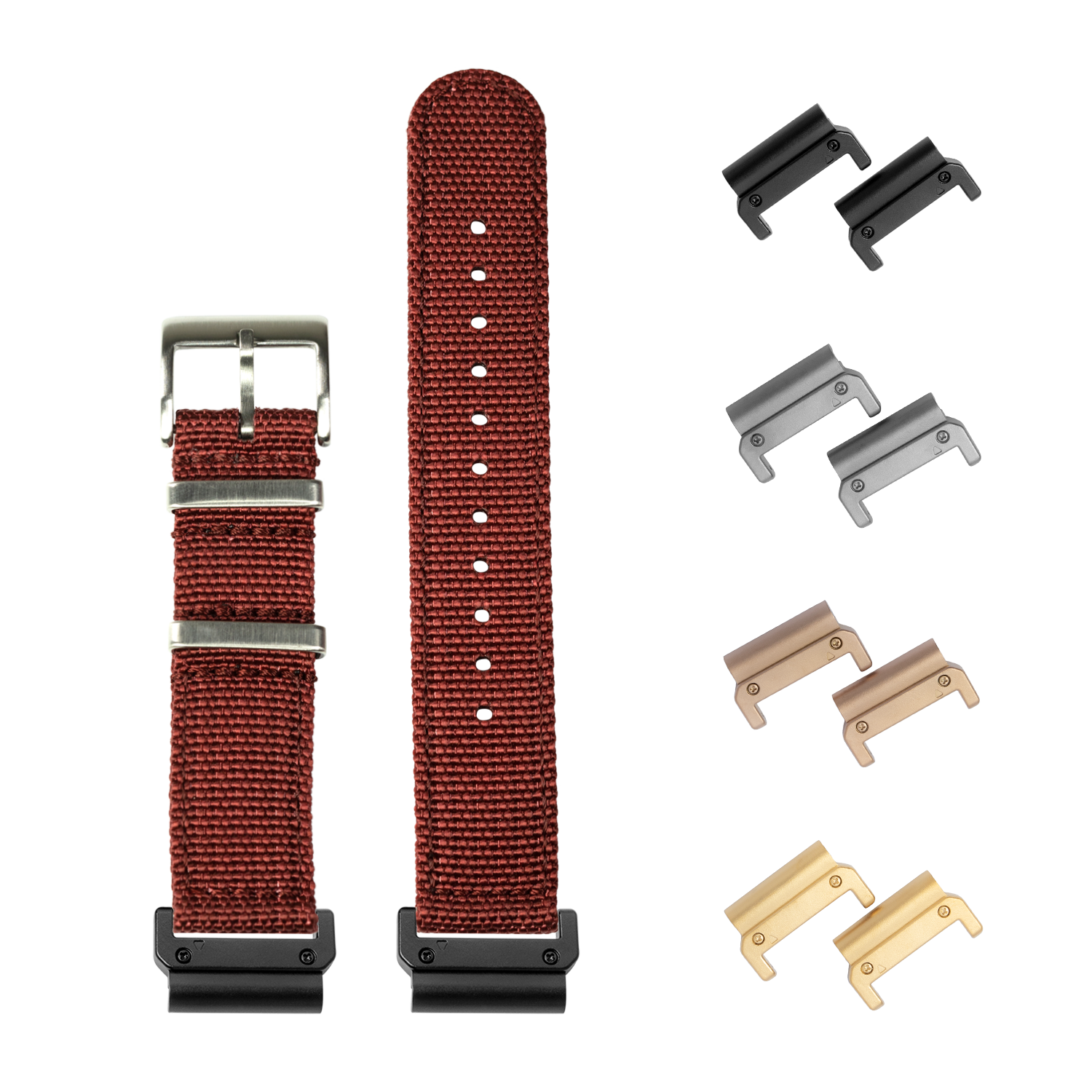 Red fabric watch band with interchangeable metal connectors in multiple finishes