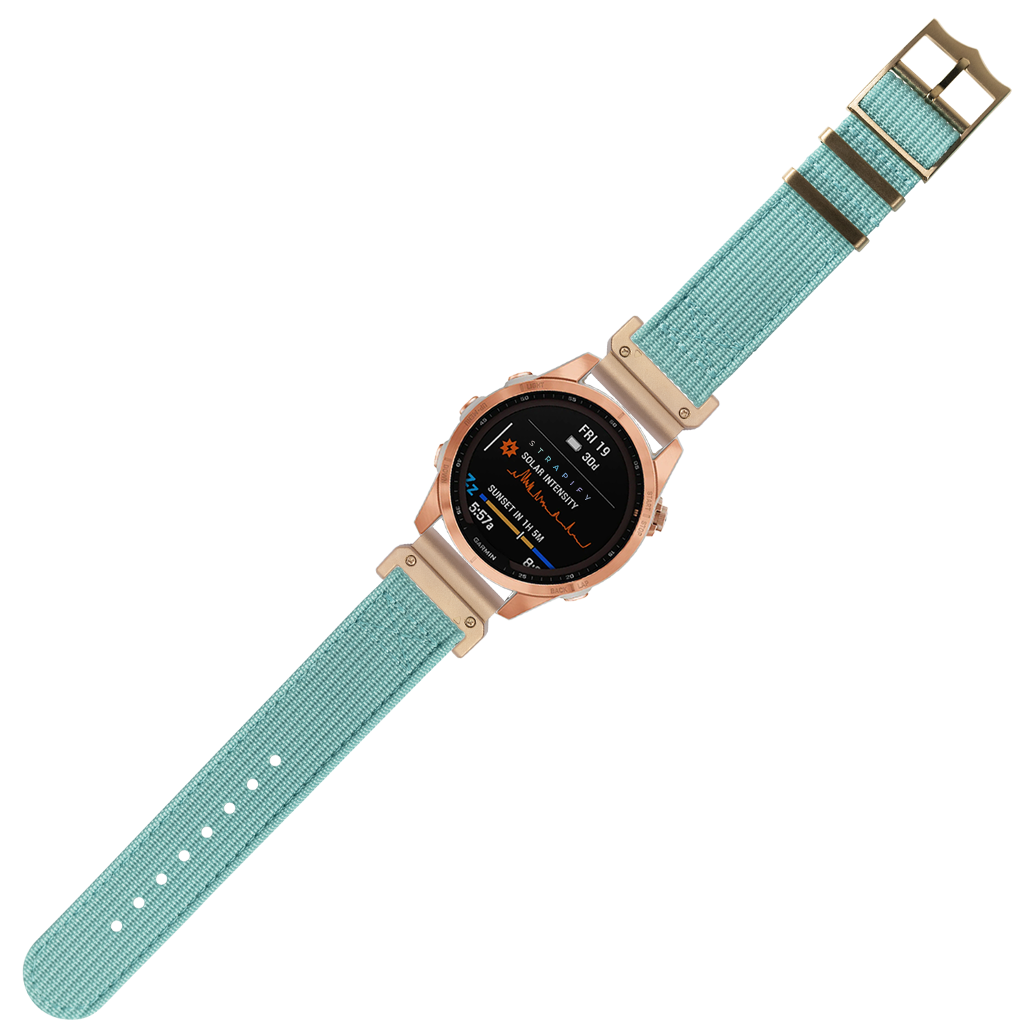 Rose gold smartwatch with tiffany blue fabric strap displaying health metrics on black AMOLED screen