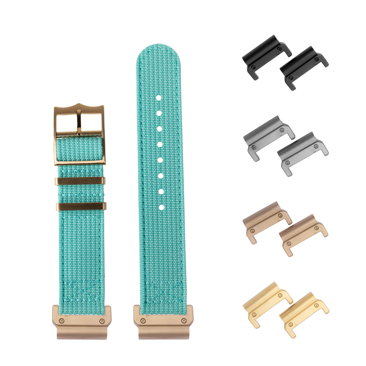 Turquoise Militex watch strap set with interchangeable metal lugs in multiple finishes and bronze buckle