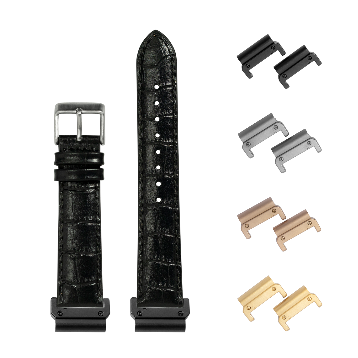 QuickFit alligator leather watch strap 26mm black with interchangeable metal lugs in multiple finishes