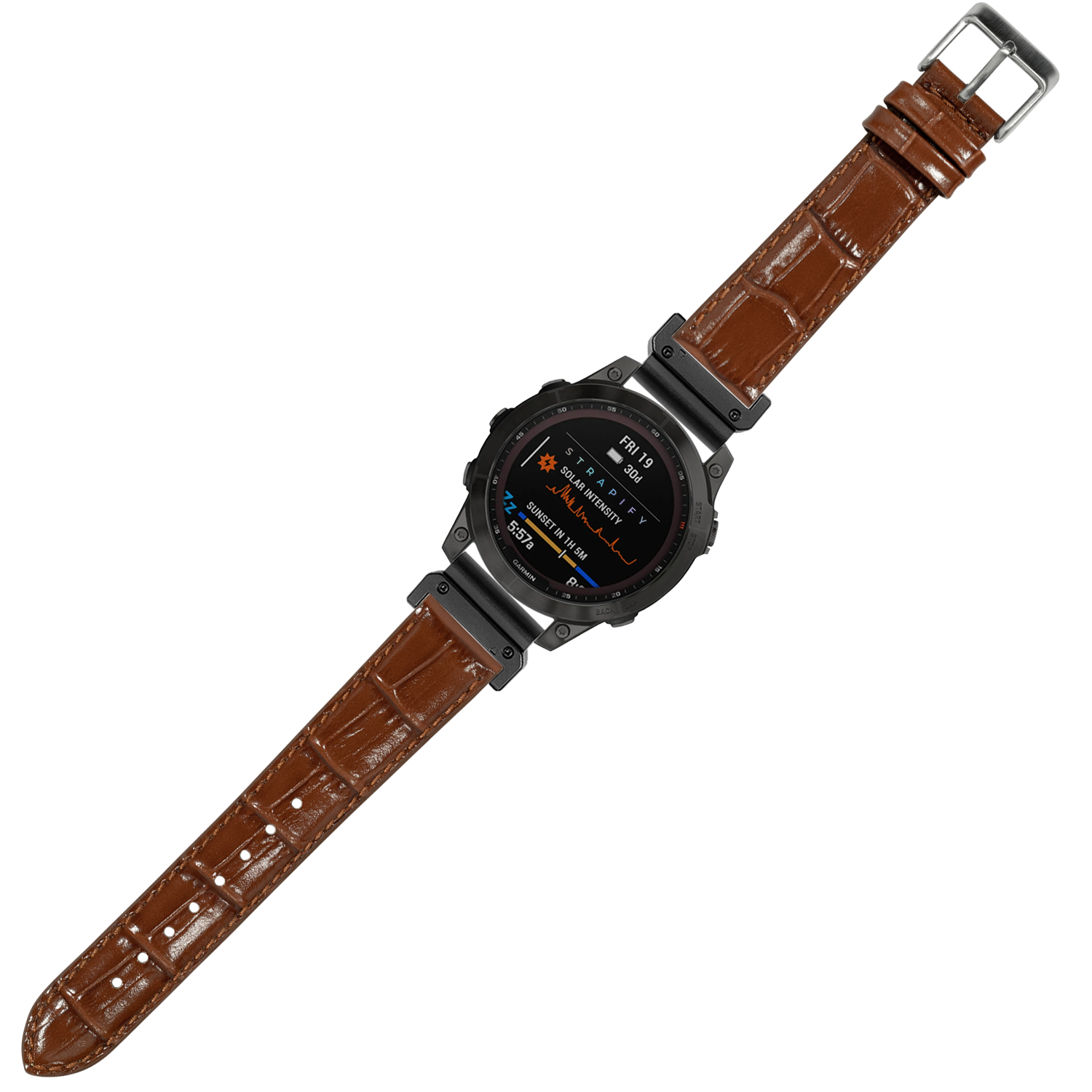 Black digital smartwatch with brown alligator leather QuickFit strap and stainless steel buckle
