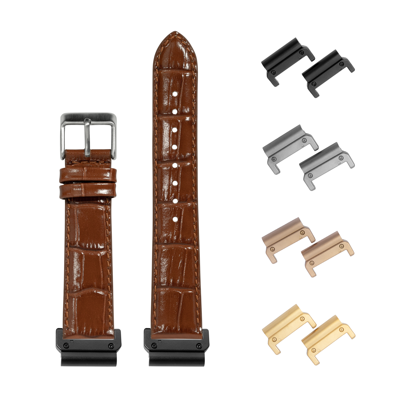 Brown alligator leather quick-fit watch band 26mm with interchangeable metal lugs in black, silver, rose gold and gold finishes