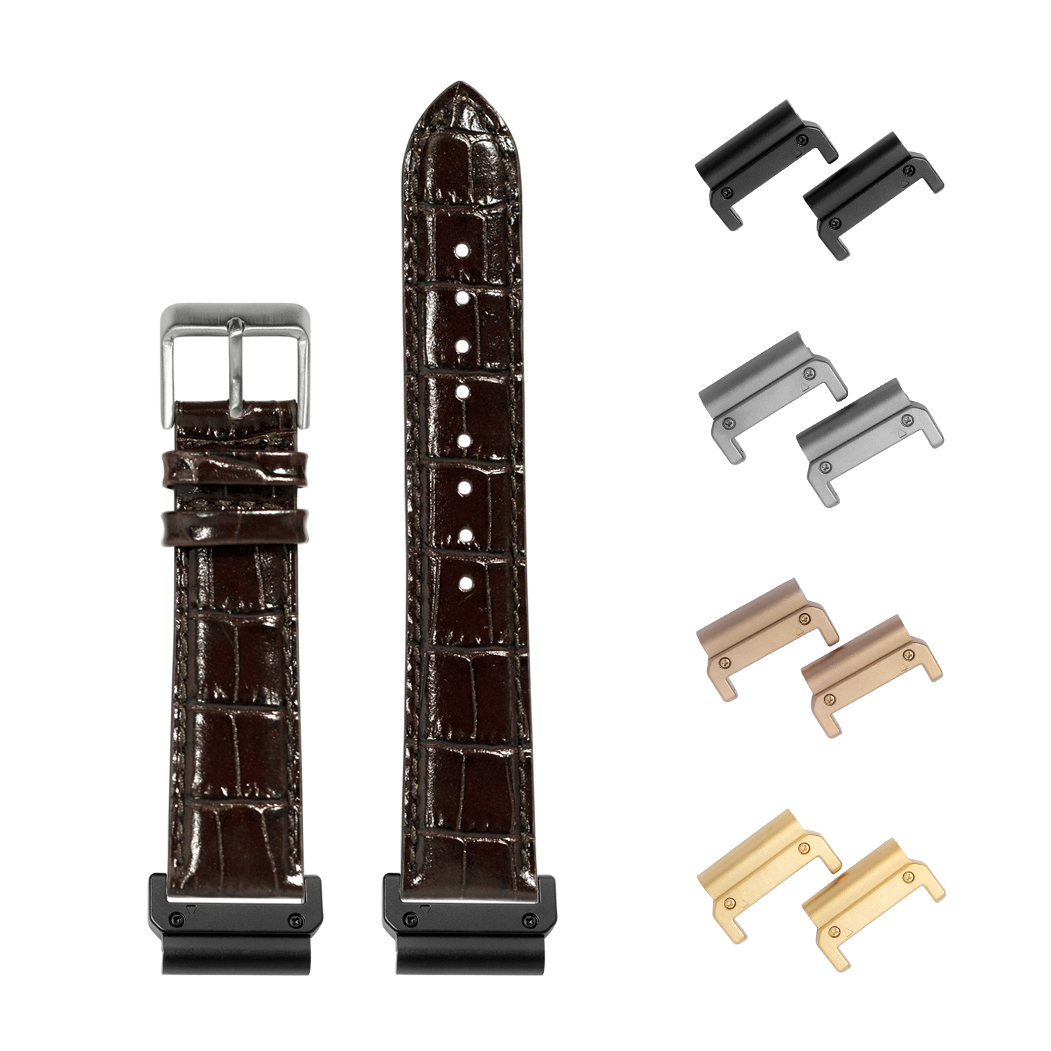 Dark brown alligator leather QuickFit watch band 26mm with interchangeable metal lugs in black, silver, rose gold, and gold finishes
