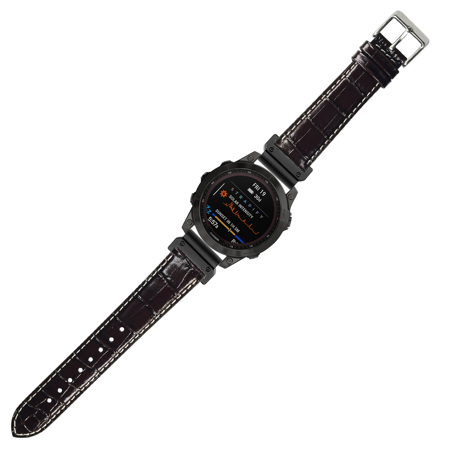 Black digital smartwatch with AMOLED screen and dark brown alligator leather band with white stitching