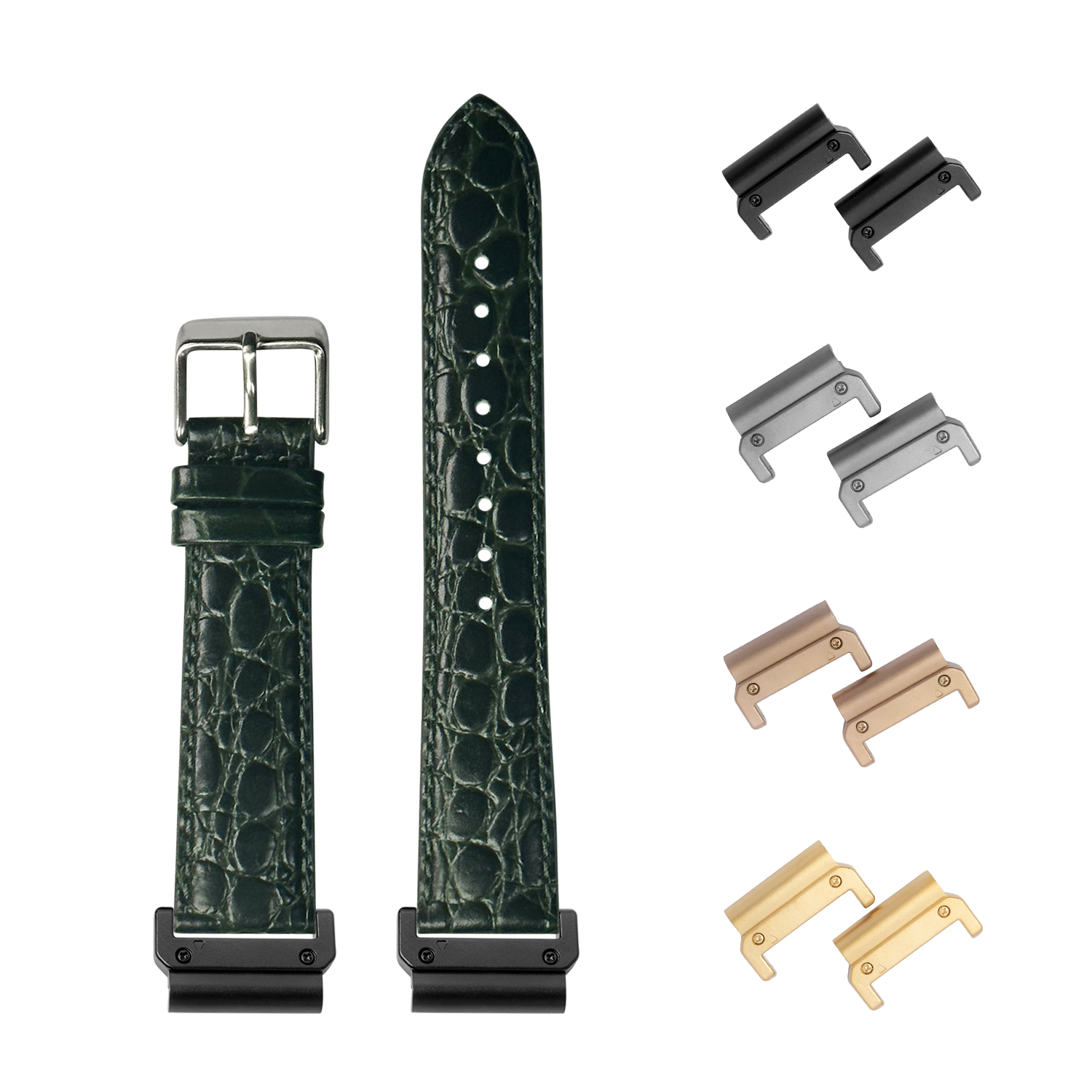 QuickFit alligator leather watch band dark green 26mm with stainless steel buckle and interchangeable metal lugs