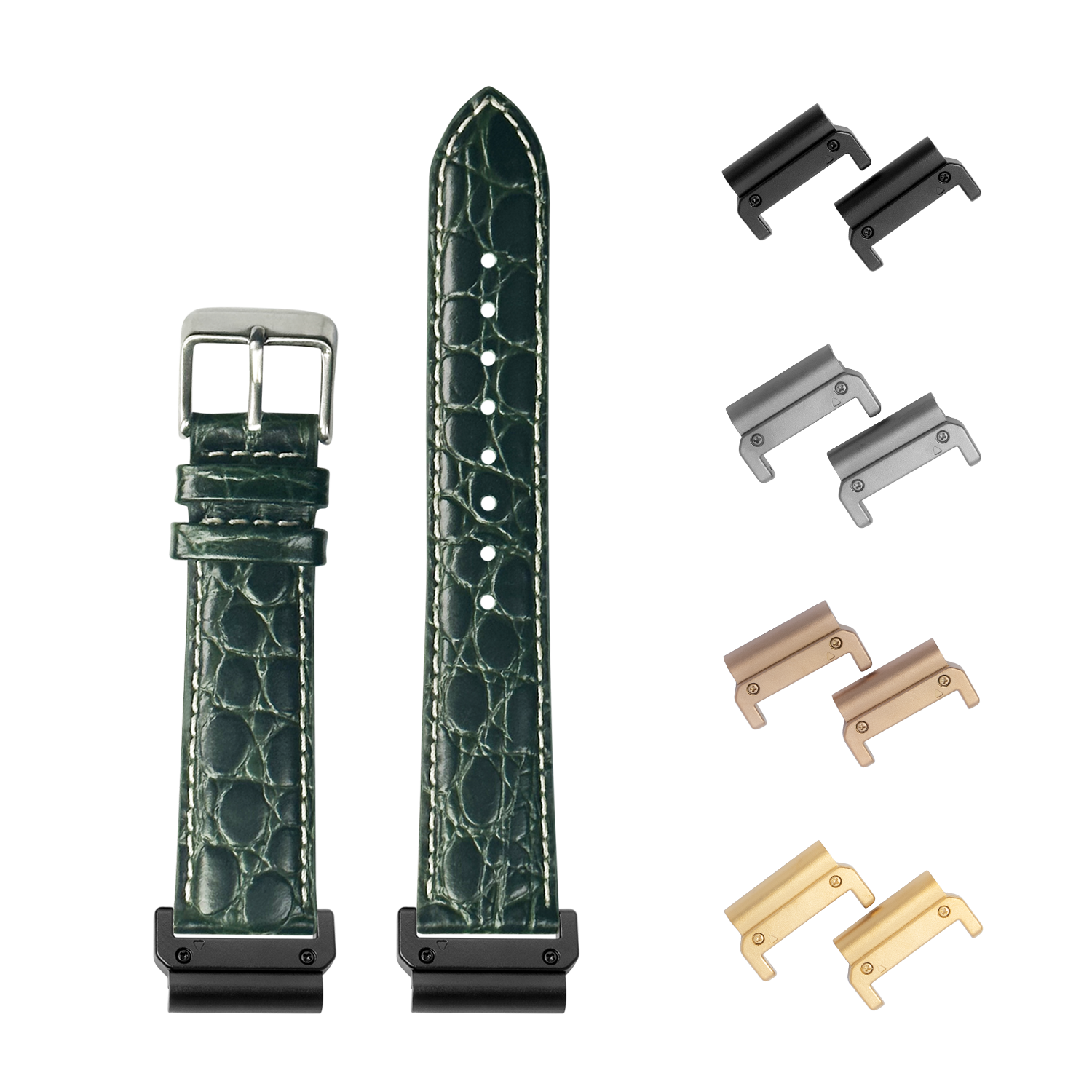 QuickFit dark green alligator leather watch strap 26mm with white stitching, interchangeable lugs in black, silver, rose gold and gold