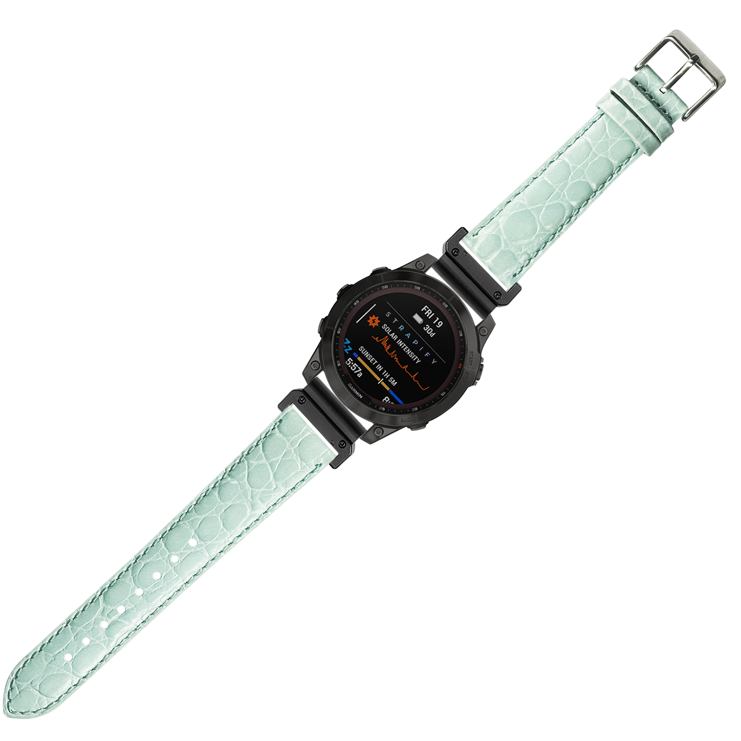 Black digital smartwatch with light tiffany blue alligator leather strap and silver buckle