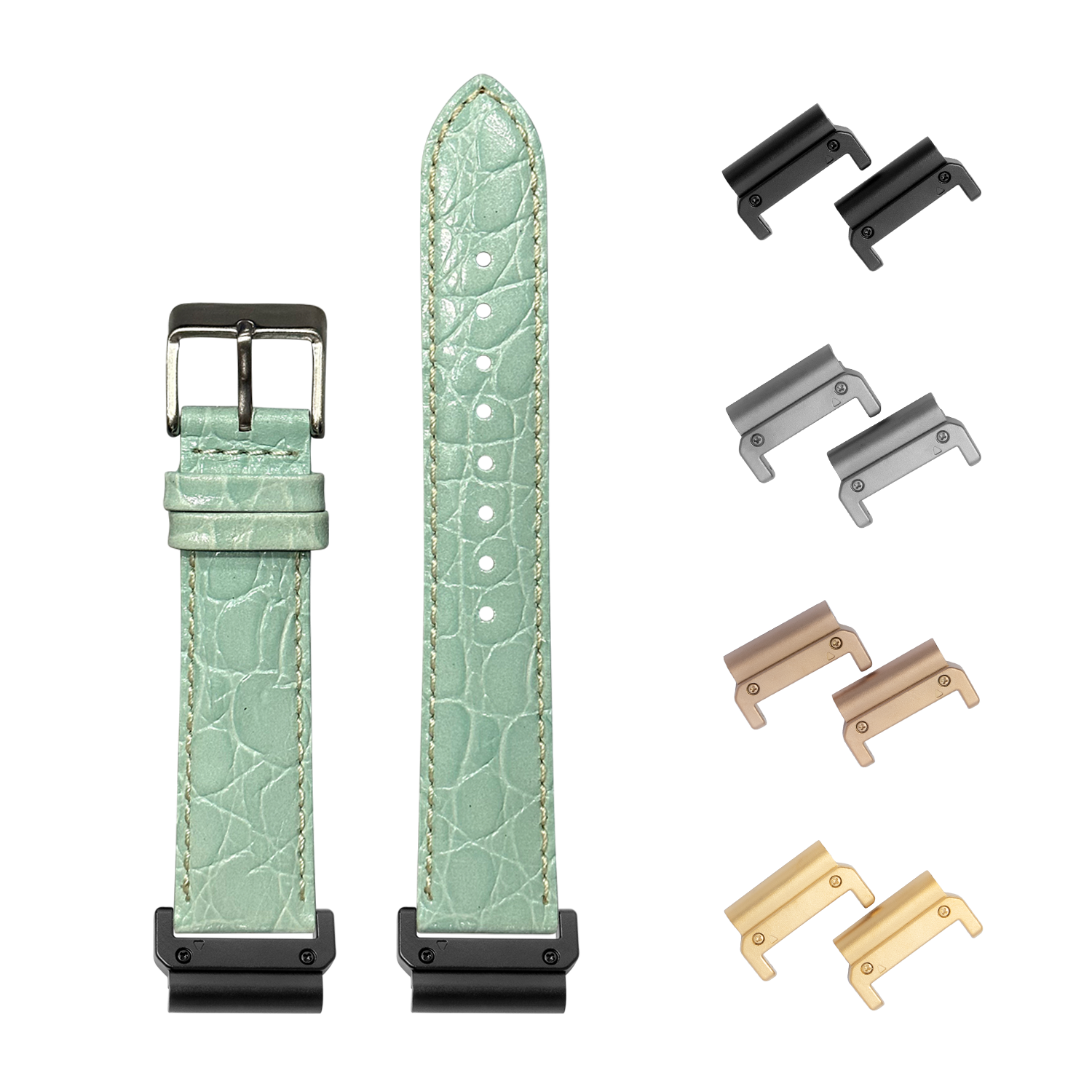 Tiffany blue alligator leather quick-fit watch band 26mm with white stitching and interchangeable metal lugs in black, silver, bronze and gold