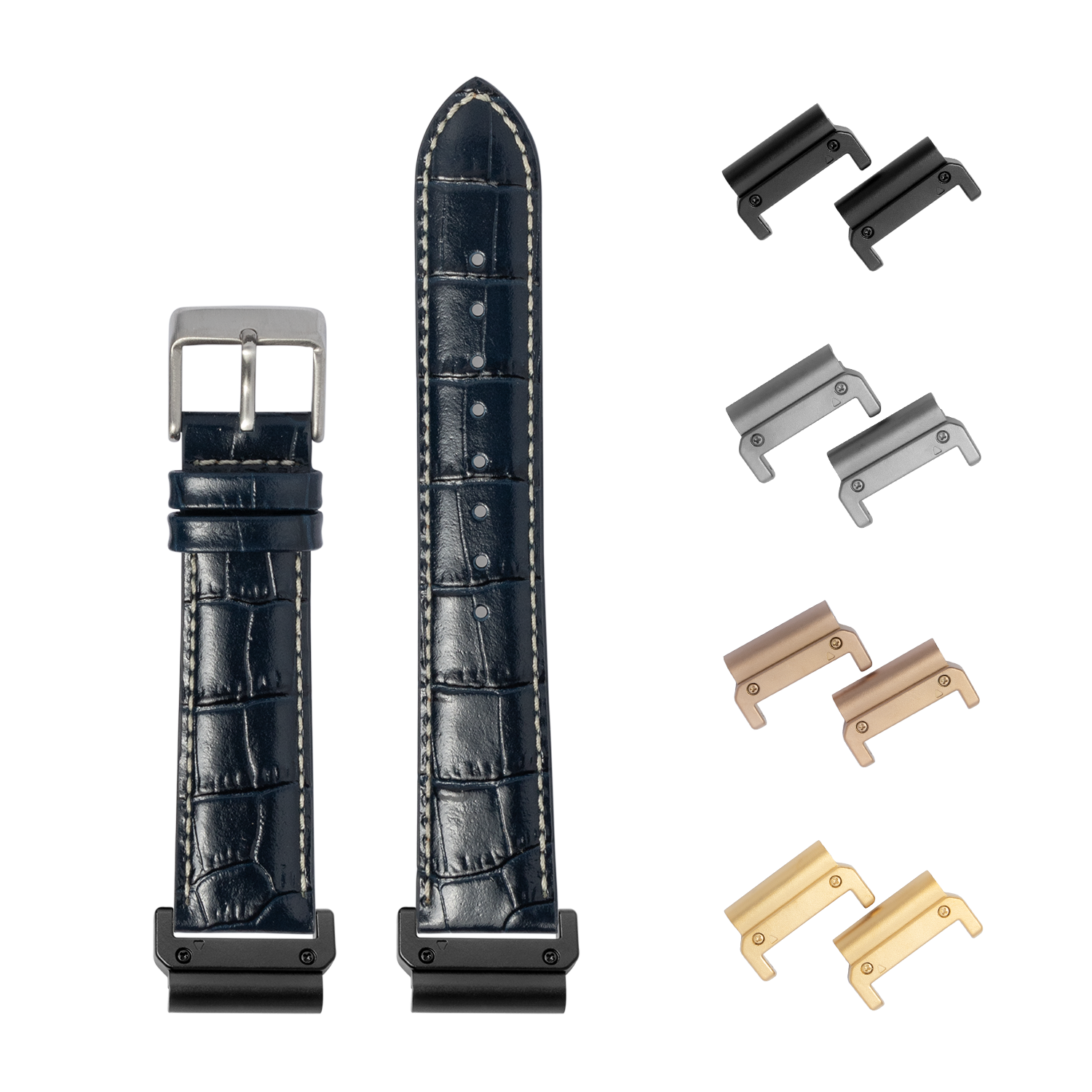 Navy blue alligator leather watch strap 26mm with white stitching, silver buckle, and interchangeable quick-fit lugs in black, silver, bronze and gold