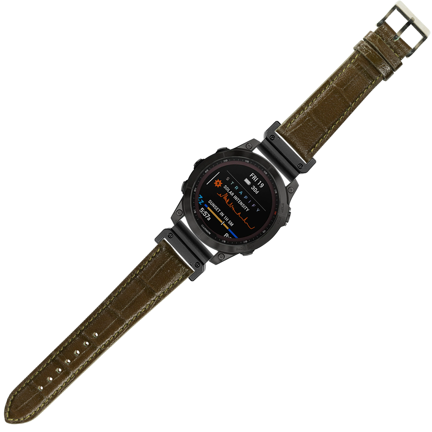 QuickFit olive green alligator leather 26mm watch strap with black stainless steel hardware on tactical smartwatch