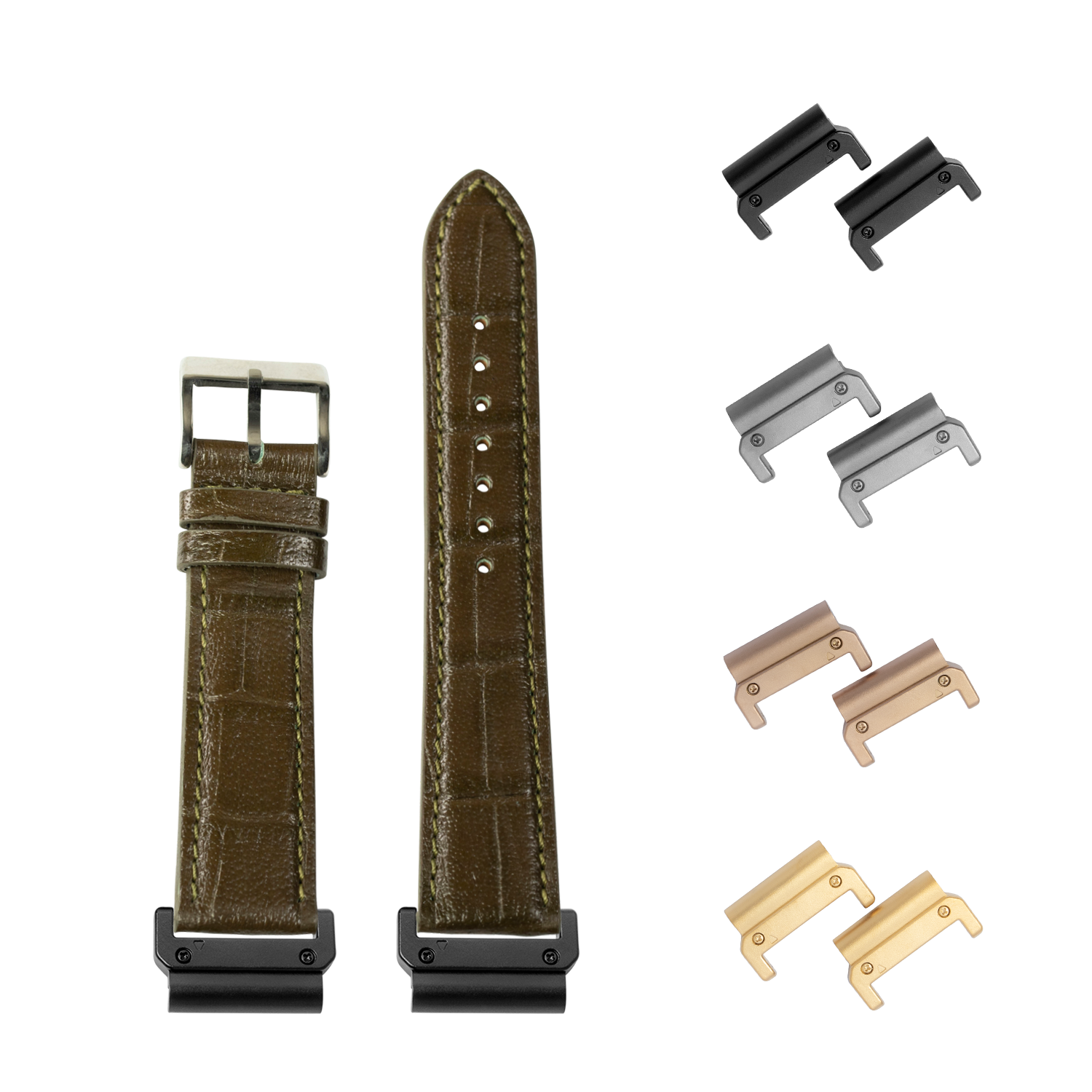 QuickFit alligator leather watch band 26mm olive green with interchangeable metal lugs in multiple finishes