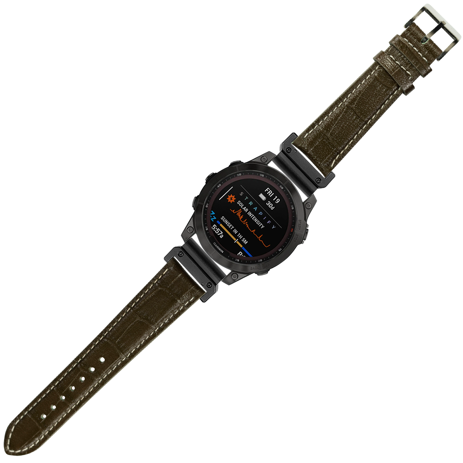 Black digital smartwatch with olive green alligator leather strap, contrast stitching, and AMOLED display showing fitness metrics