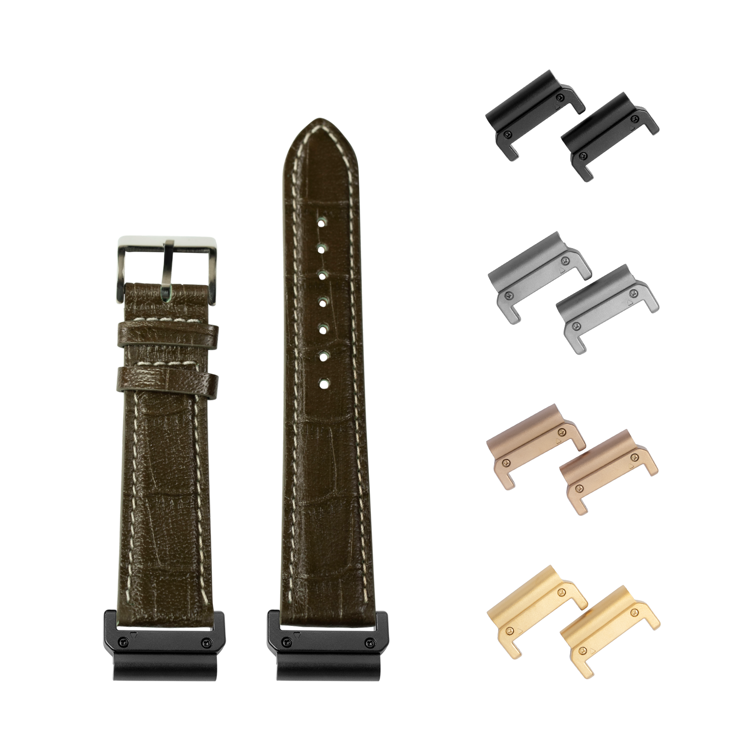 QuickFit alligator leather olive green watch strap 26mm with contrast stitching and interchangeable metal lugs