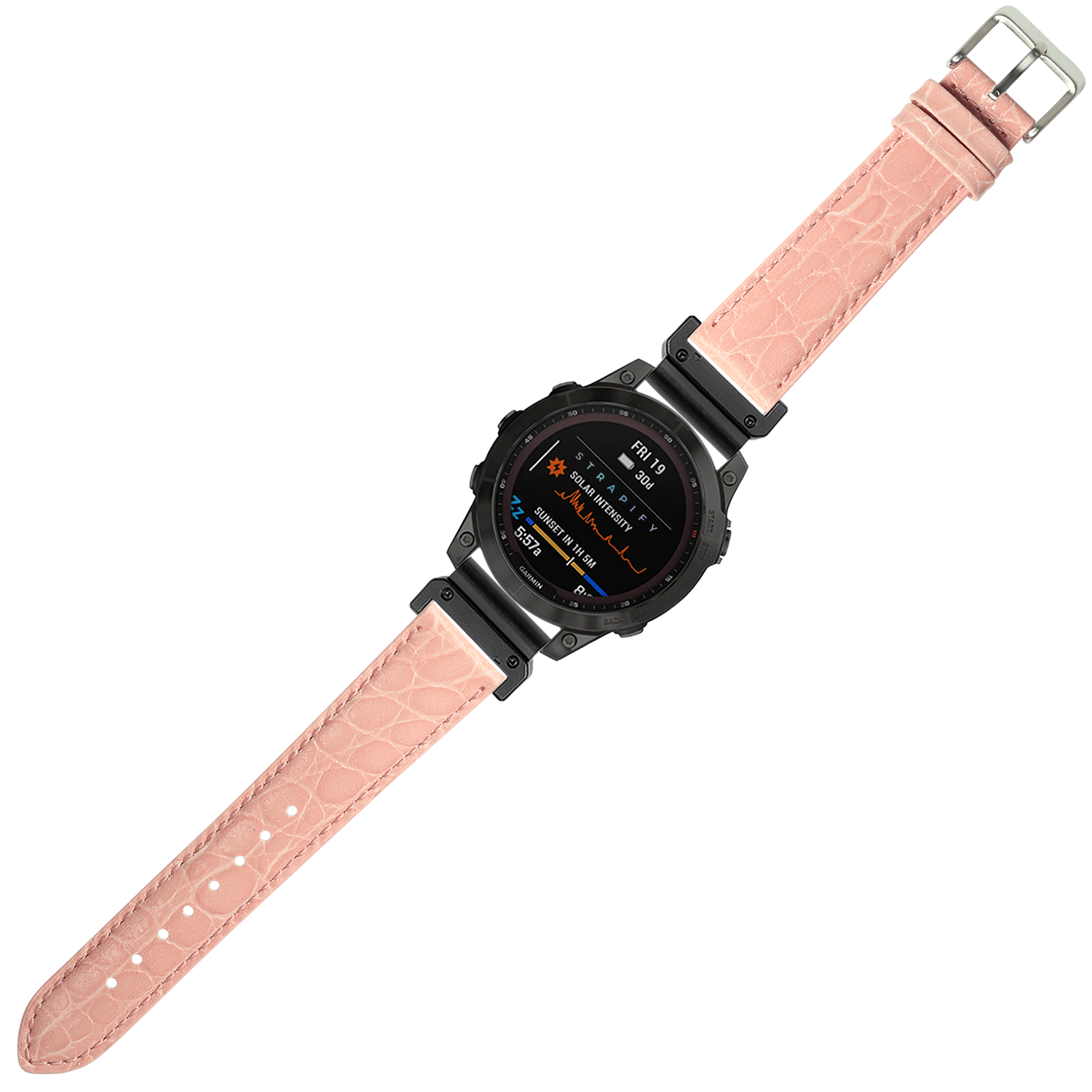 Black digital smartwatch with pink alligator leather strap and silver buckle displaying health metrics on AMOLED screen