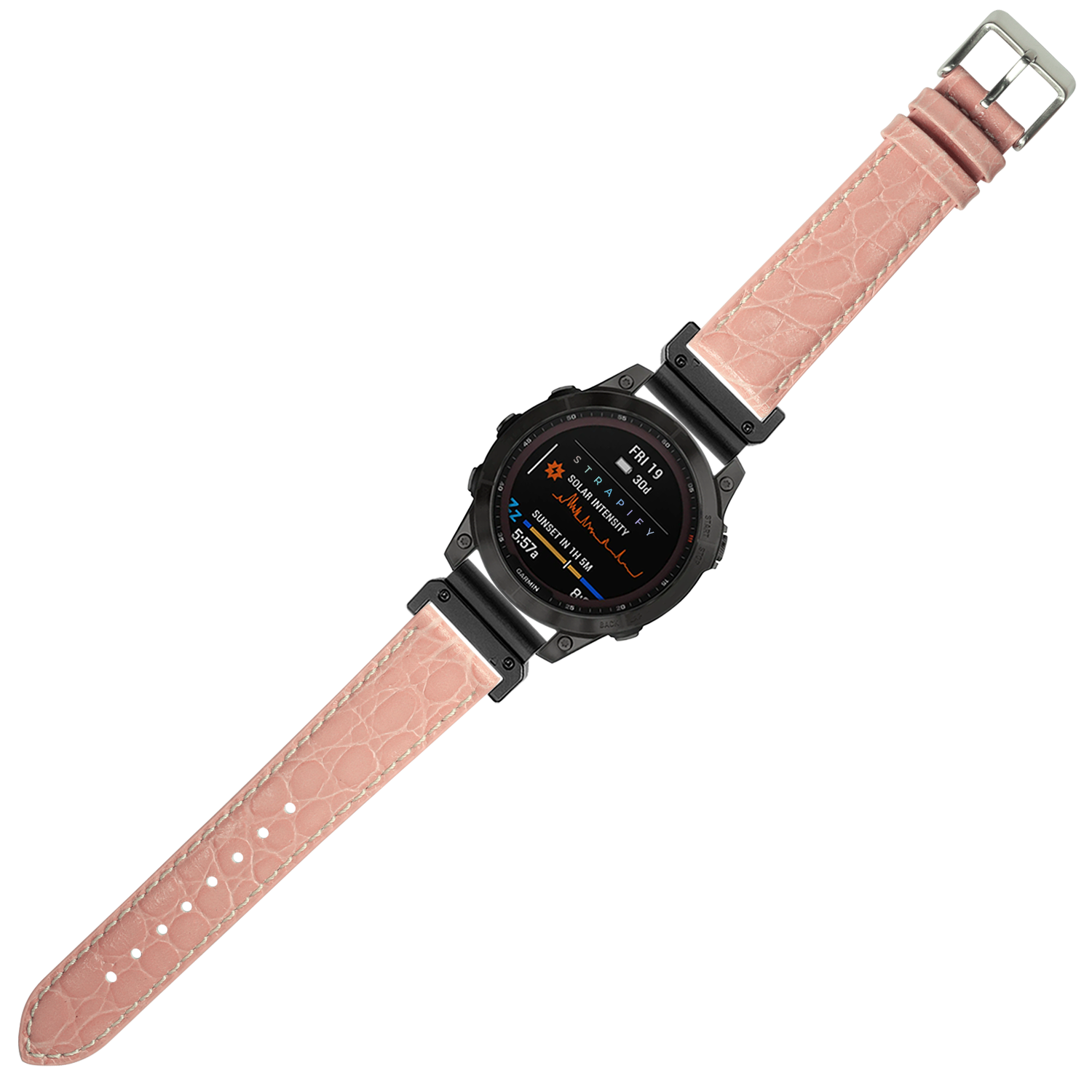 Black digital smartwatch with pink alligator leather band and white stitching, 26mm QuickFit strap