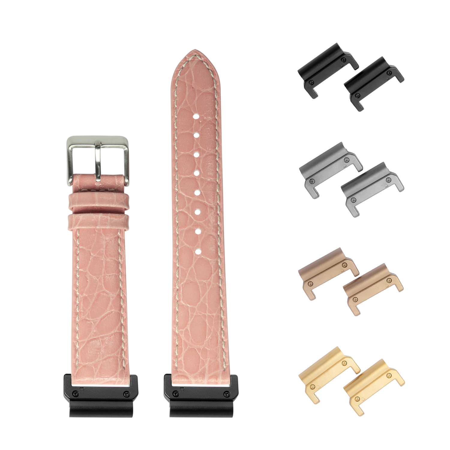 Alligator leather pink watch band 26mm with white stitching and interchangeable metal lugs in black, silver, bronze and gold finishes