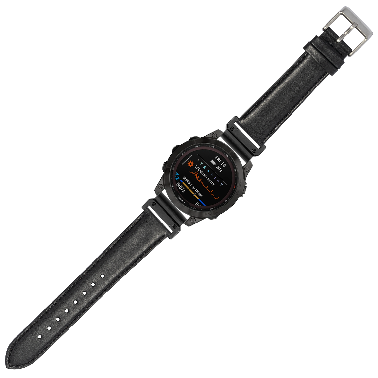 Black padded leather QuickFit watch band 26mm with silver buckle and stitched detail on smartwatch
