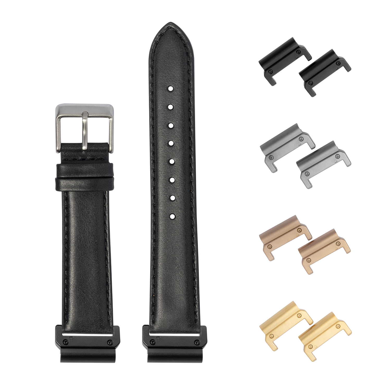 QuickFit padded black leather watch band 26mm with interchangeable metal lugs in multiple finishes