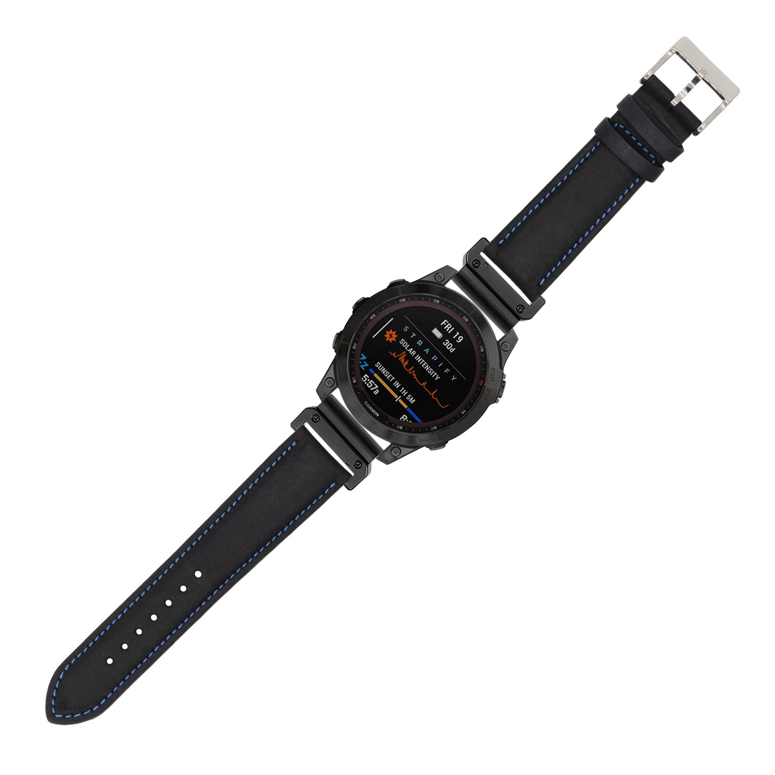 Black leather smartwatch band 26mm with blue stitching, padded design, and quick-fit connector for tactical watches
