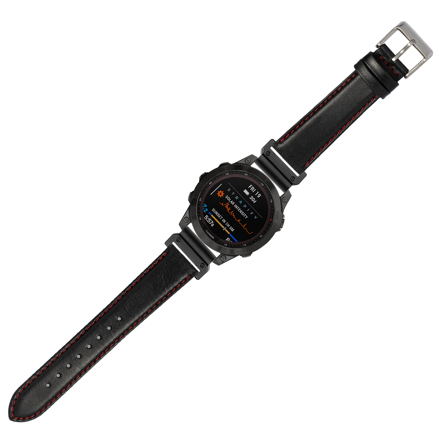 Black leather smartwatch band with red stitching, 26mm QuickFit connector, metal buckle, padded design for comfort