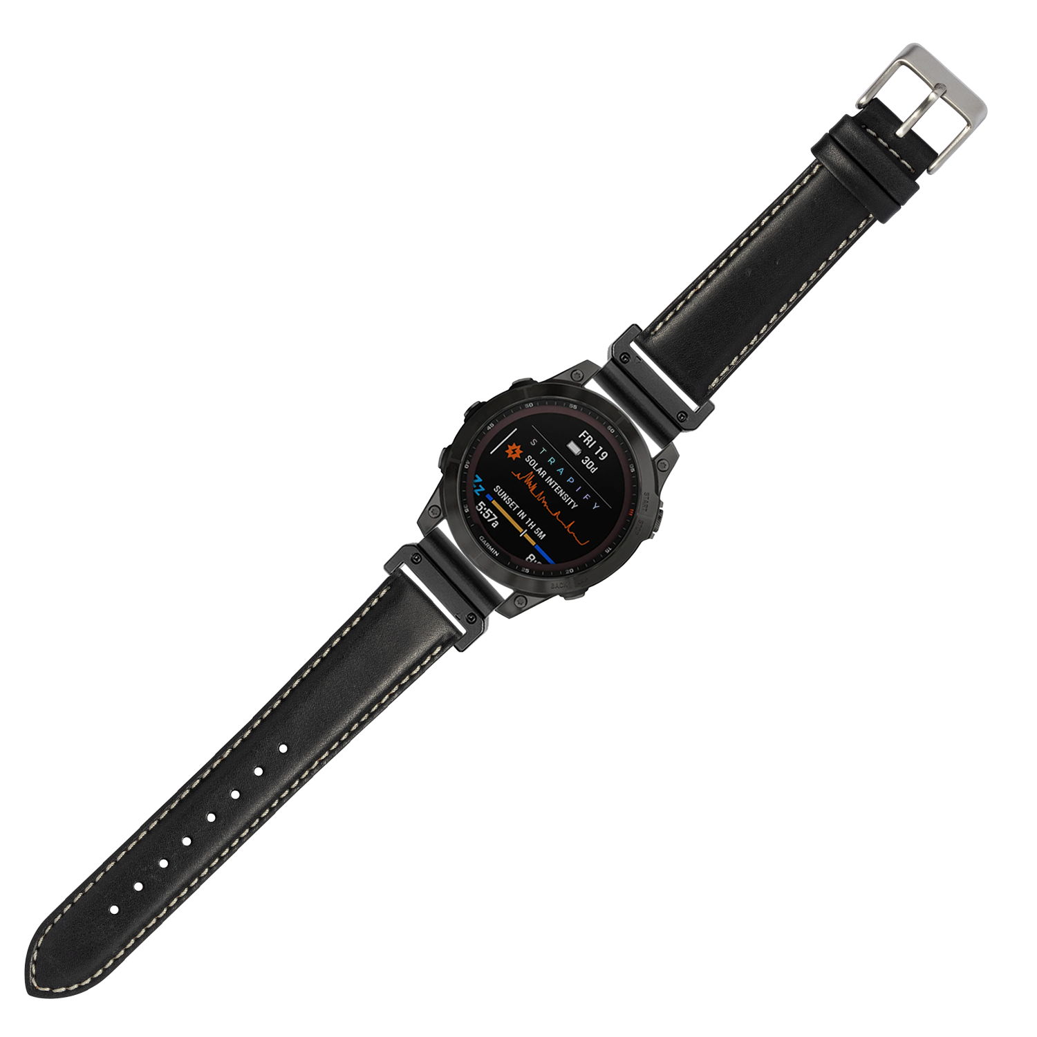 Black leather smartwatch band with white stitching, 26mm QuickFit padded leather strap with silver buckle