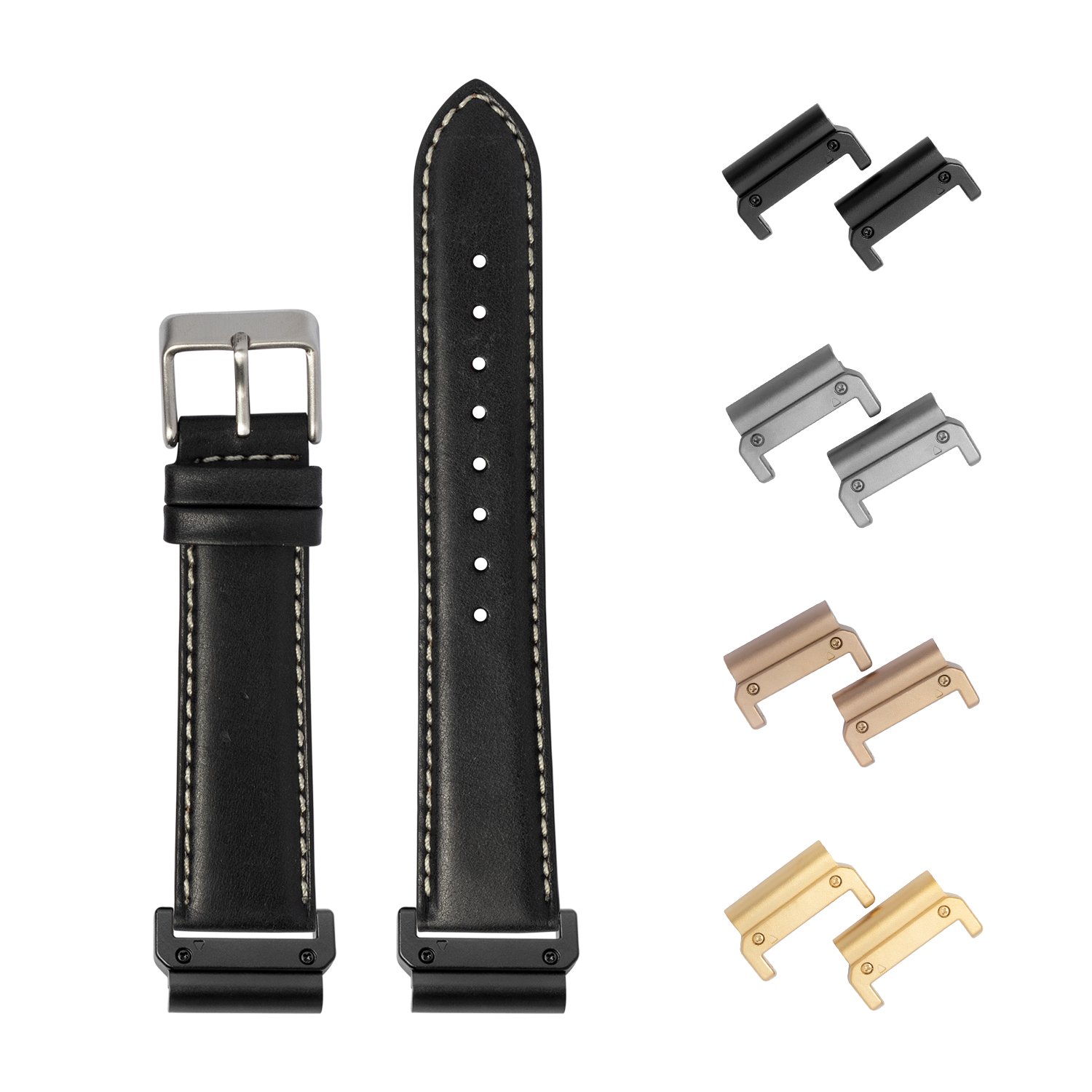 Black leather watch band 26mm with white stitching, quick-fit adapters in multiple metal finishes, and stainless steel buckle