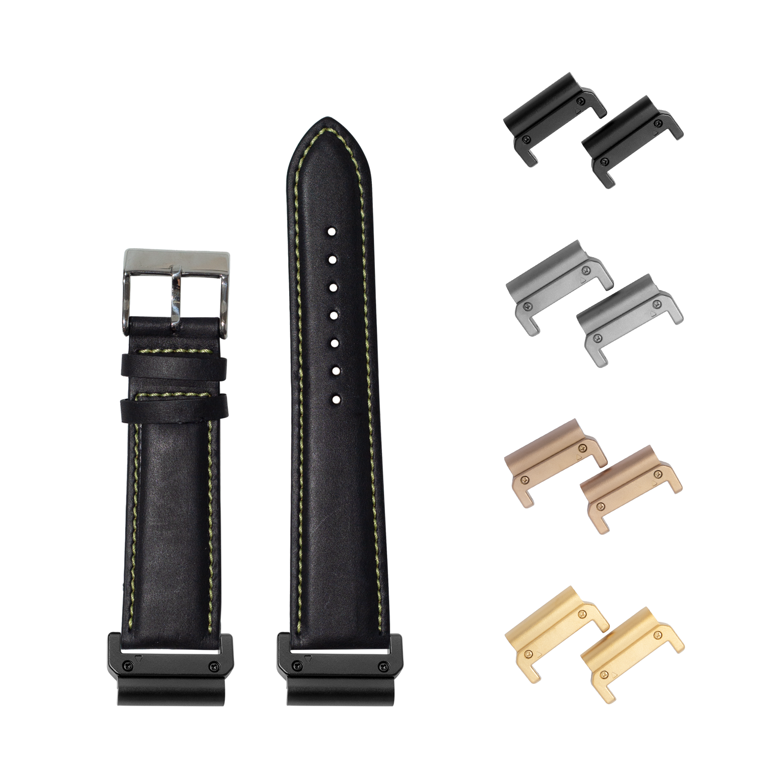 QuickFit black leather watch band 26mm with yellow stitching, buckle, and interchangeable metal connector lugs in black, silver, rose gold, and gold finishes
