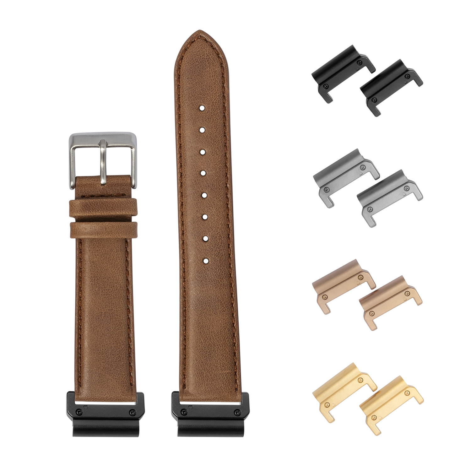 Brown leather QuickFit watch band 26mm with interchangeable metal lugs in silver, black, bronze and gold finishes