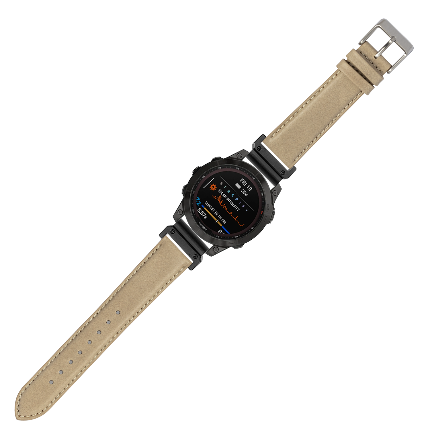 Black rugged smartwatch with AMOLED display and cream leather QuickFit band with stitched edges and metal buckle