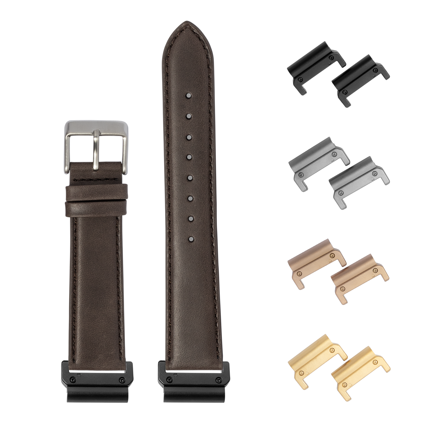 QuickFit dark brown padded leather watch band 26mm with interchangeable metal connectors in multiple finishes