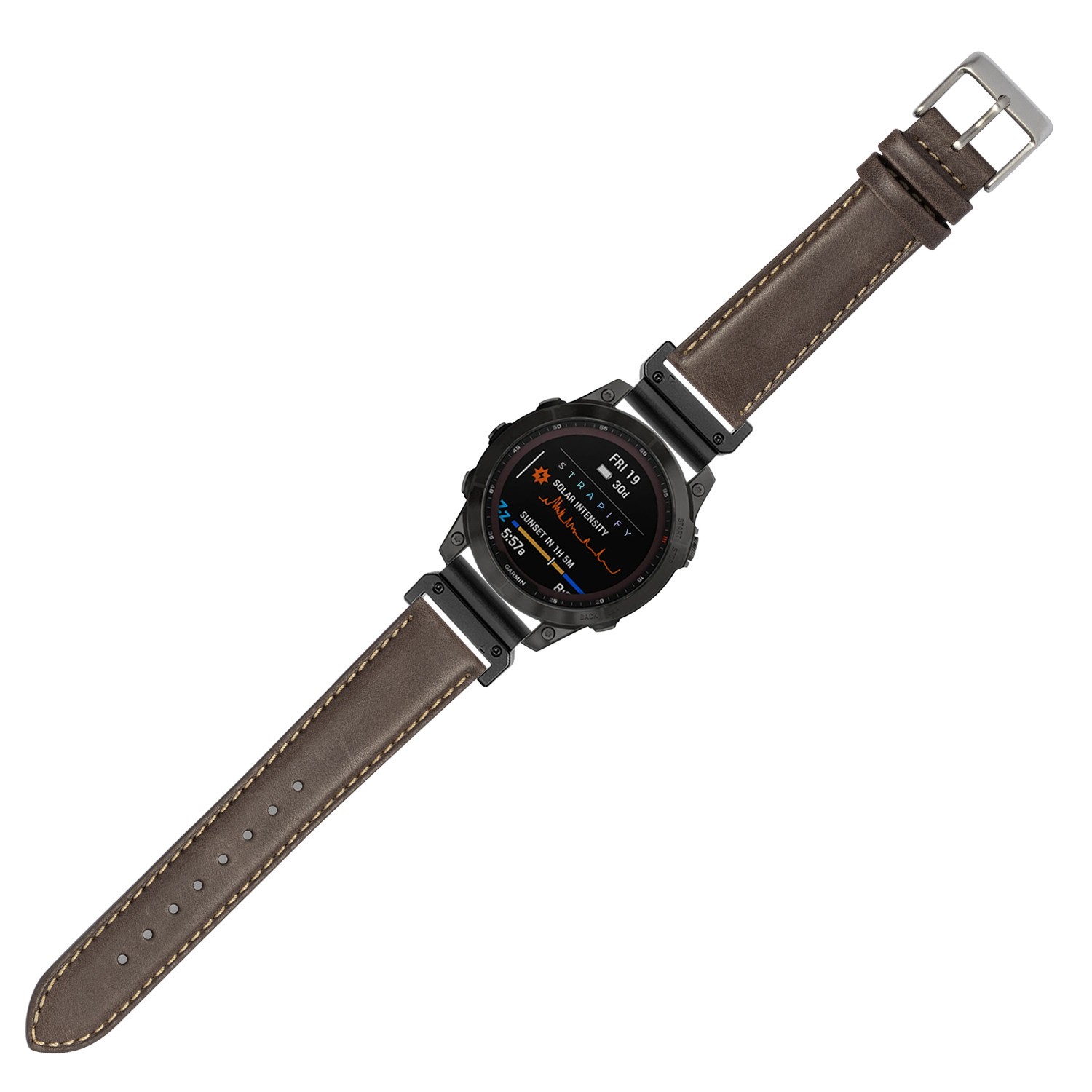Black digital smartwatch with dark brown leather strap and beige stitching, featuring AMOLED display and metal case