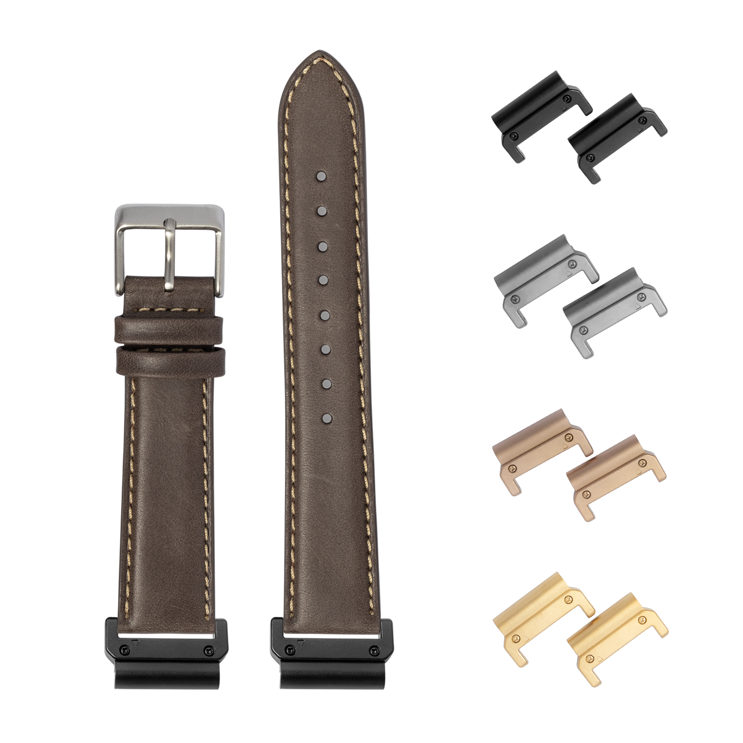 QuickFit padded leather watch strap dark brown with beige stitching 26mm including interchangeable metal lugs