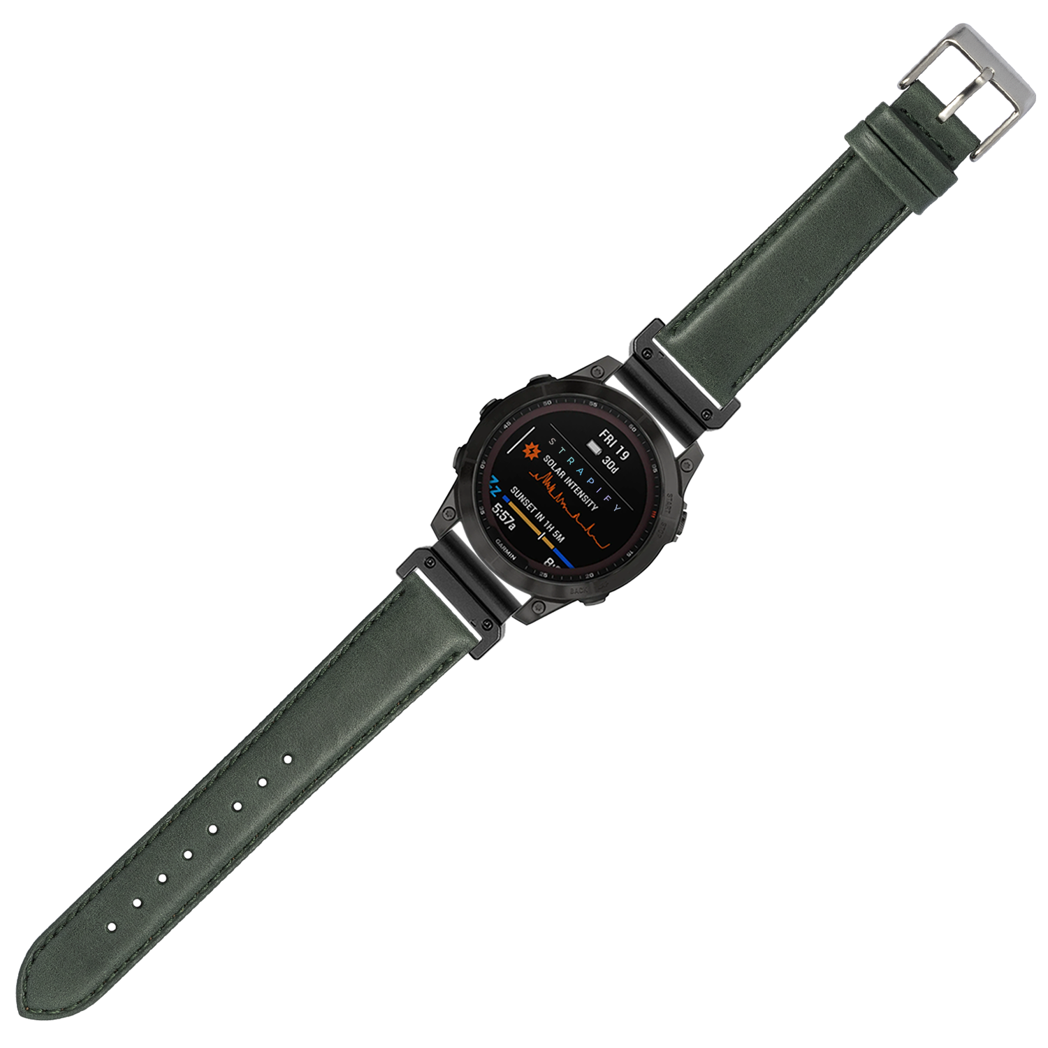 Forest green padded leather smartwatch band 26mm with metal buckle and reinforced stitching