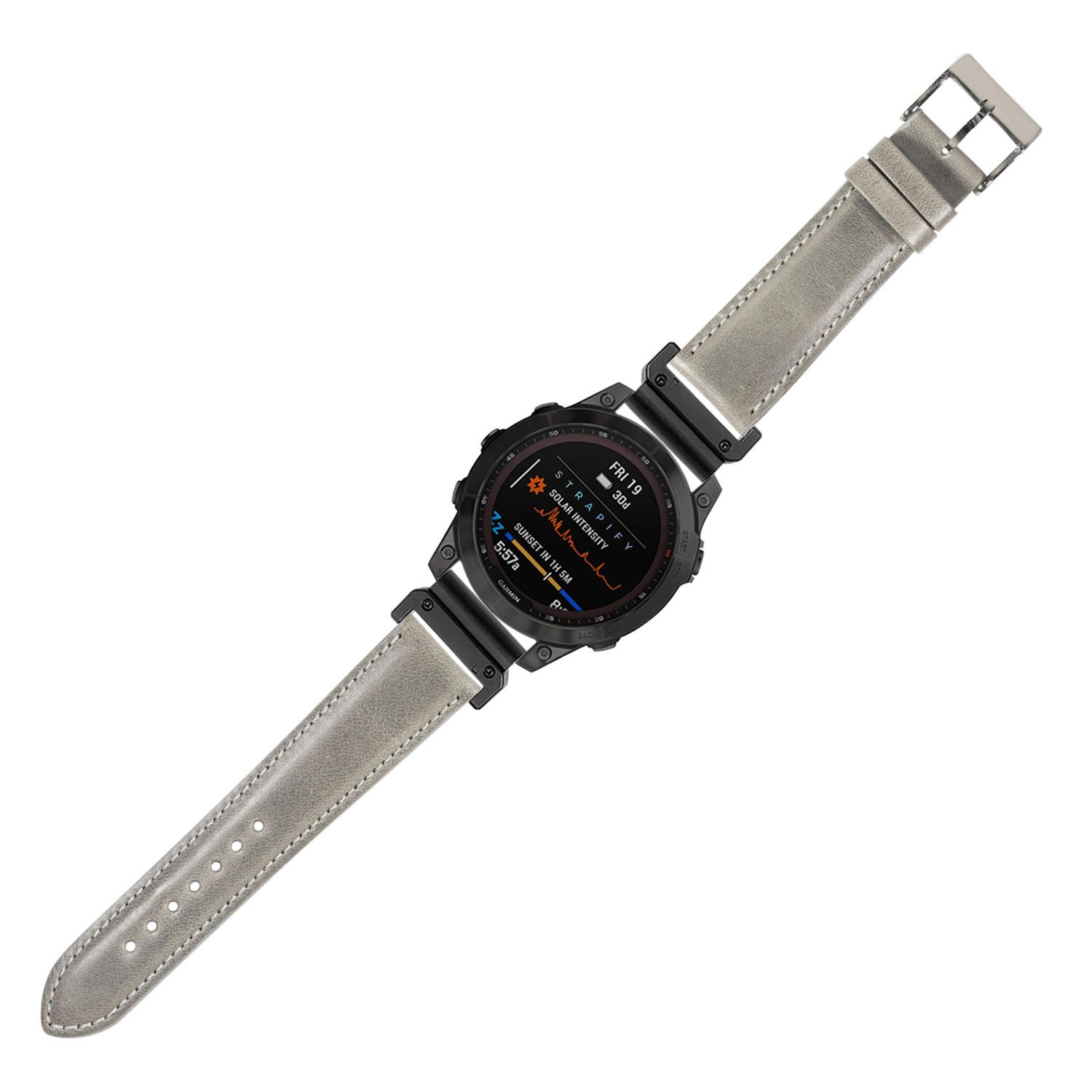 Tactical smartwatch with black digital display and grey suede leather QuickFit strap, 26mm band width