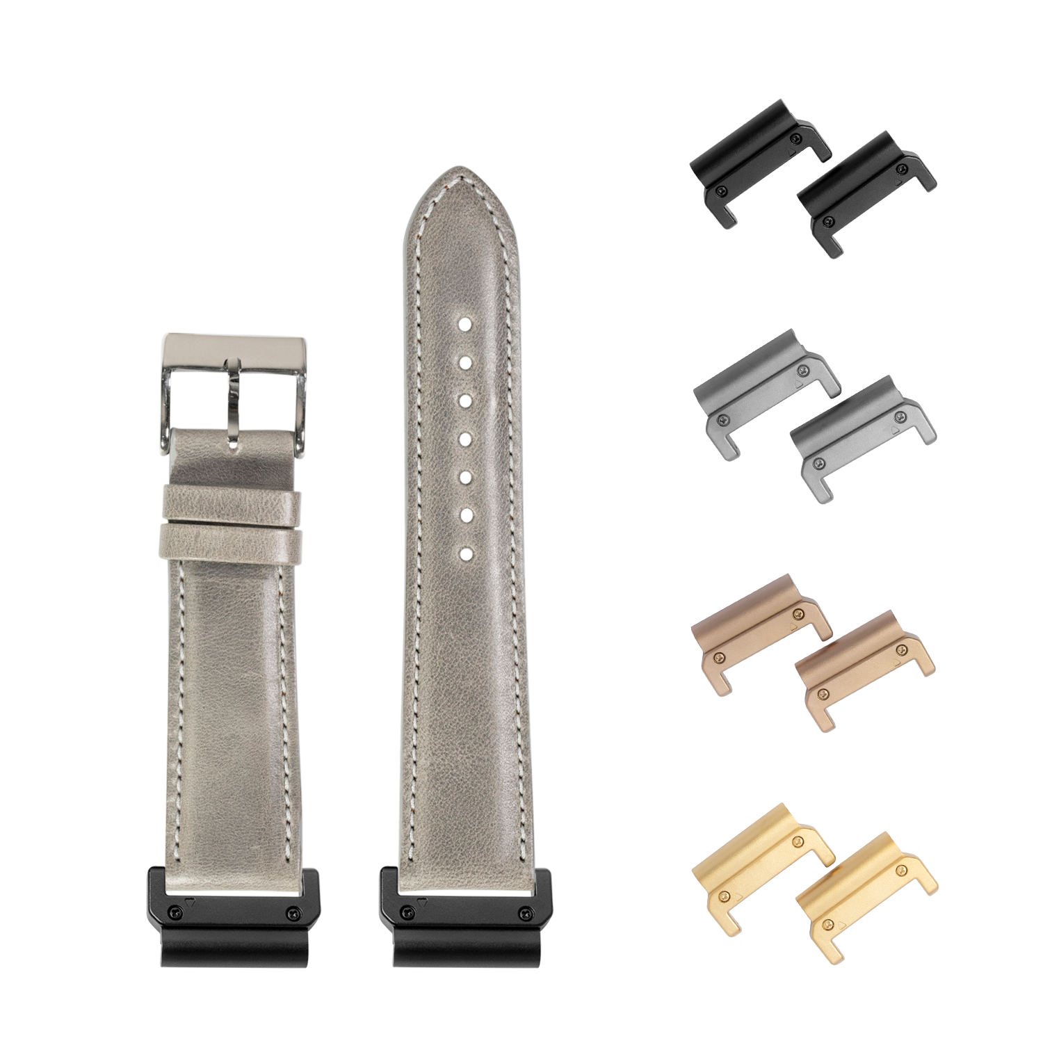 QuickFit padded grey leather watch strap 26mm with interchangeable metal lugs in black, silver, bronze and gold finishes