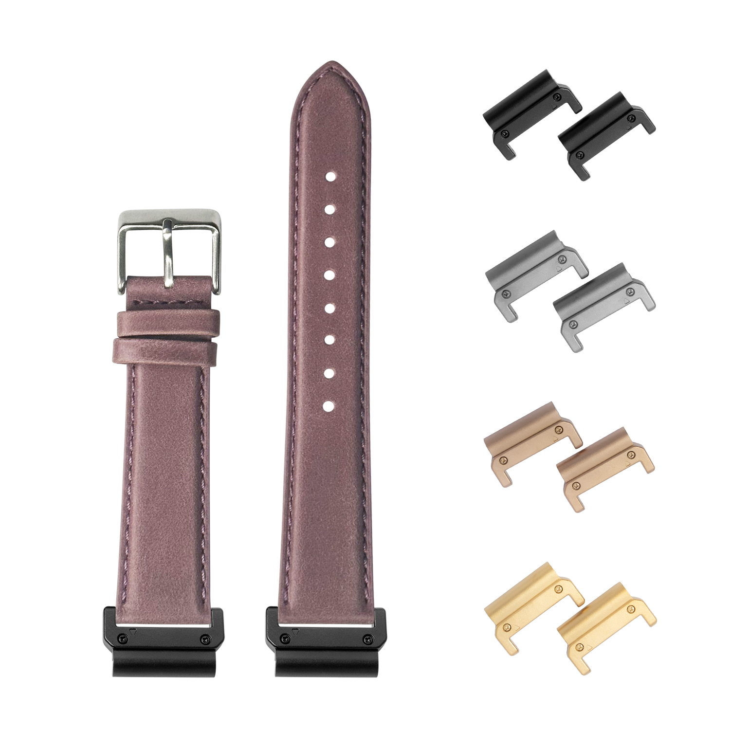 QuickFit padded mauve leather watch band 26mm with interchangeable metal lugs in black, silver, bronze, and gold finishes