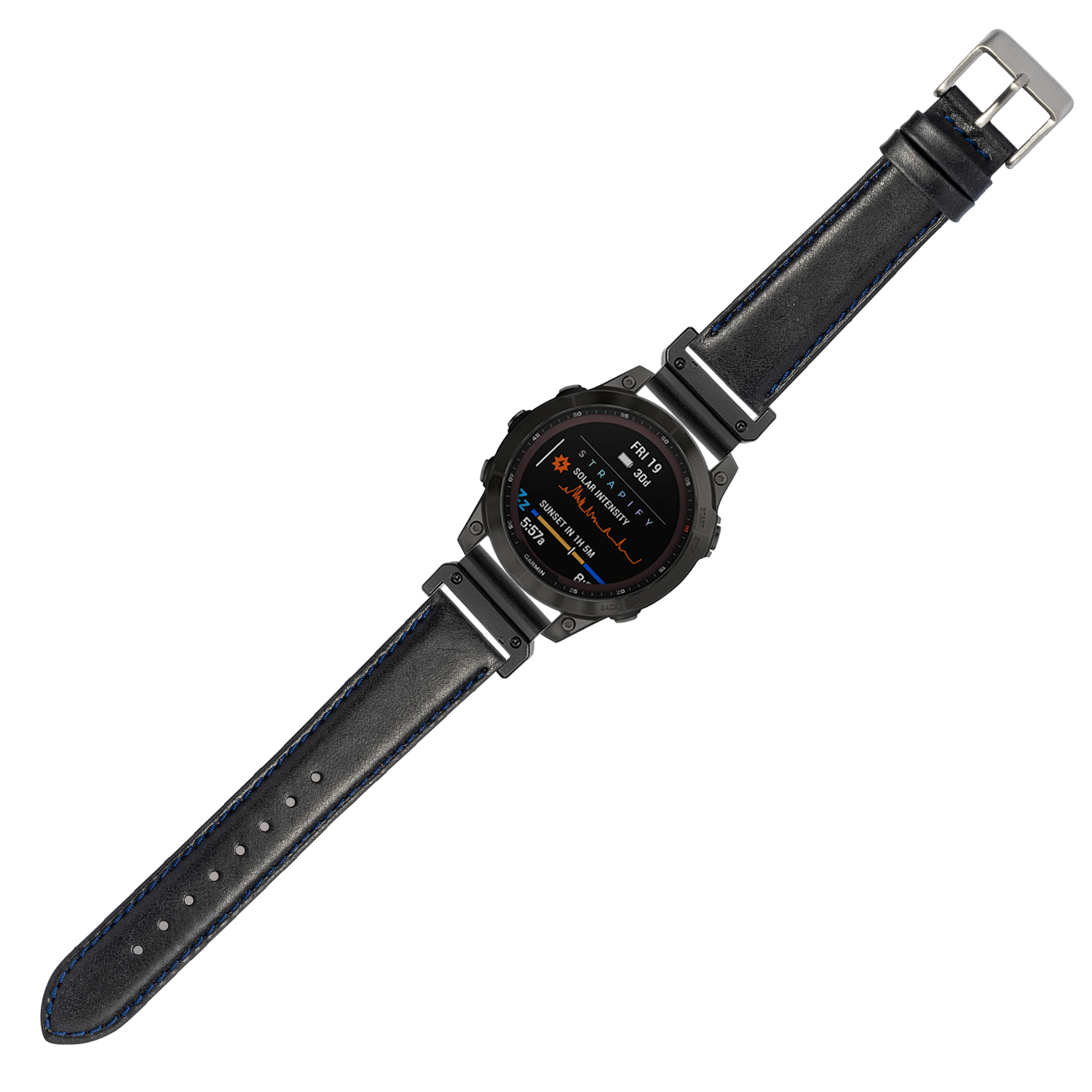 Black tactical smartwatch with AMOLED display and navy blue padded leather strap with quickfit connector