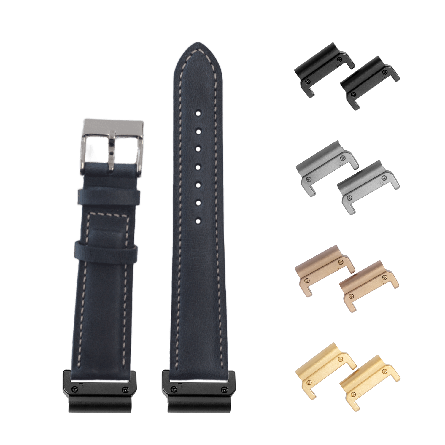 QuickFit padded leather watch band navy blue 26mm with beige stitching and interchangeable metal lugs