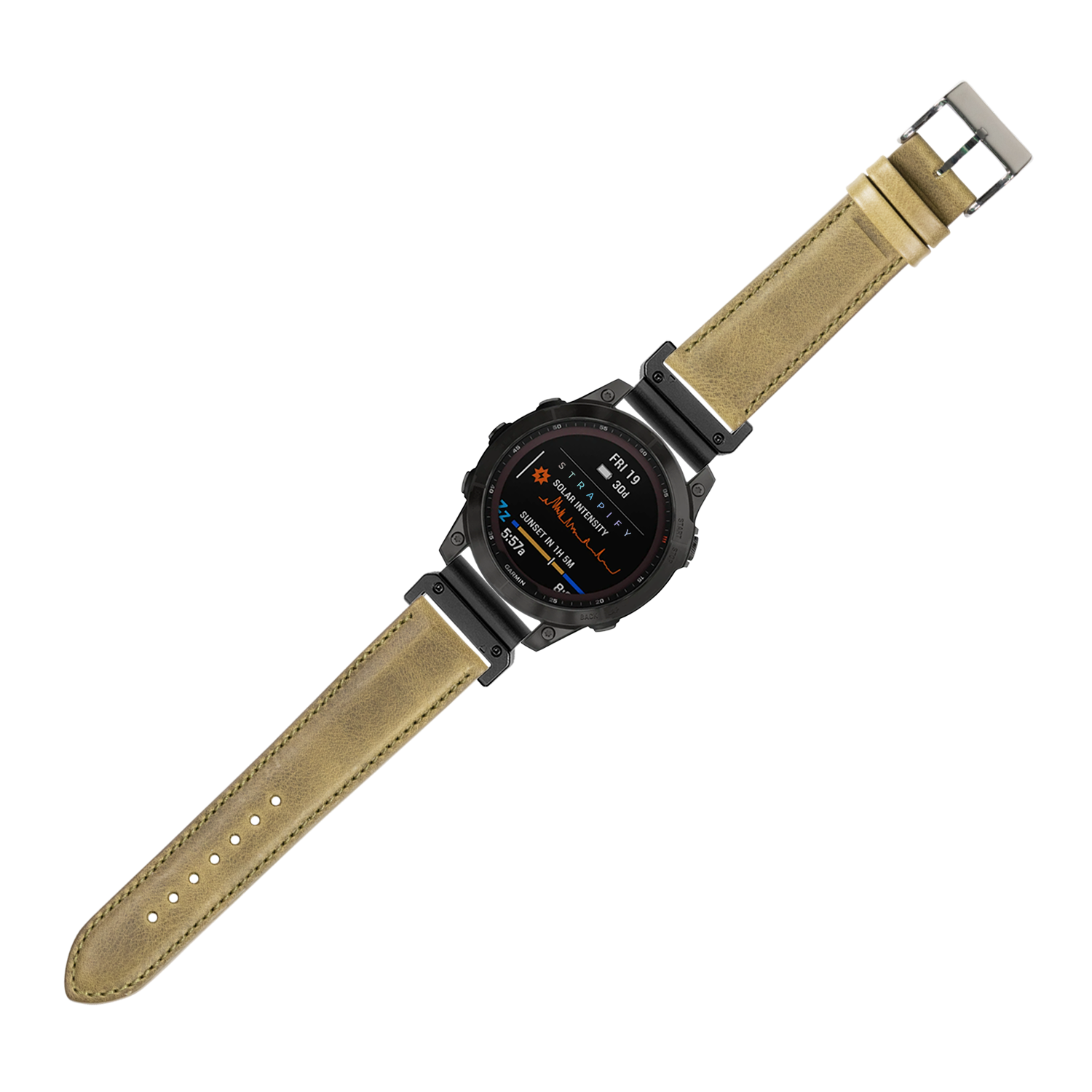 Rugged tactical smartwatch with black case, AMOLED display, and padded olive green leather 26mm quick-fit band