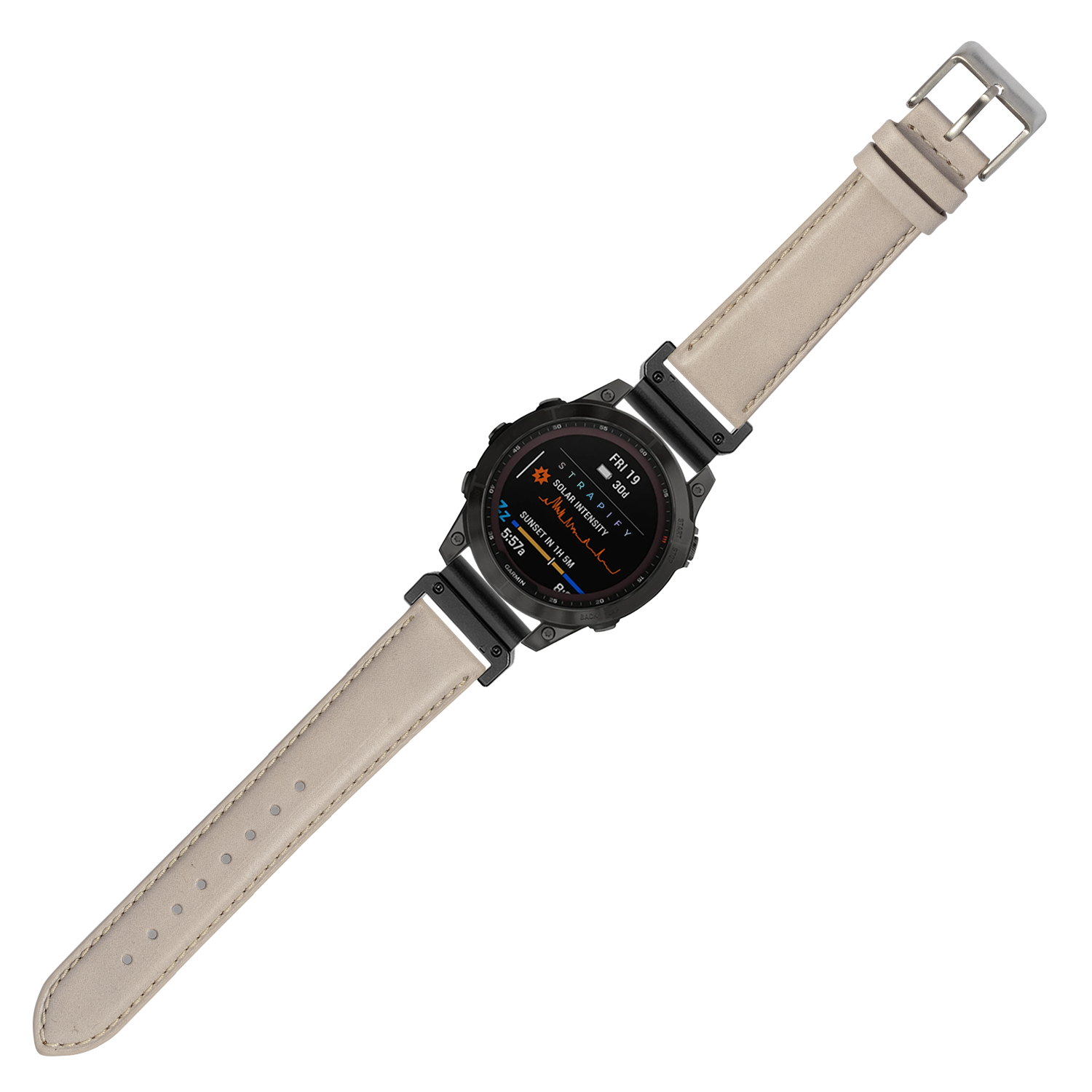 Tactical smartwatch with black digital display and pale pink padded leather QuickFit band, 26mm width