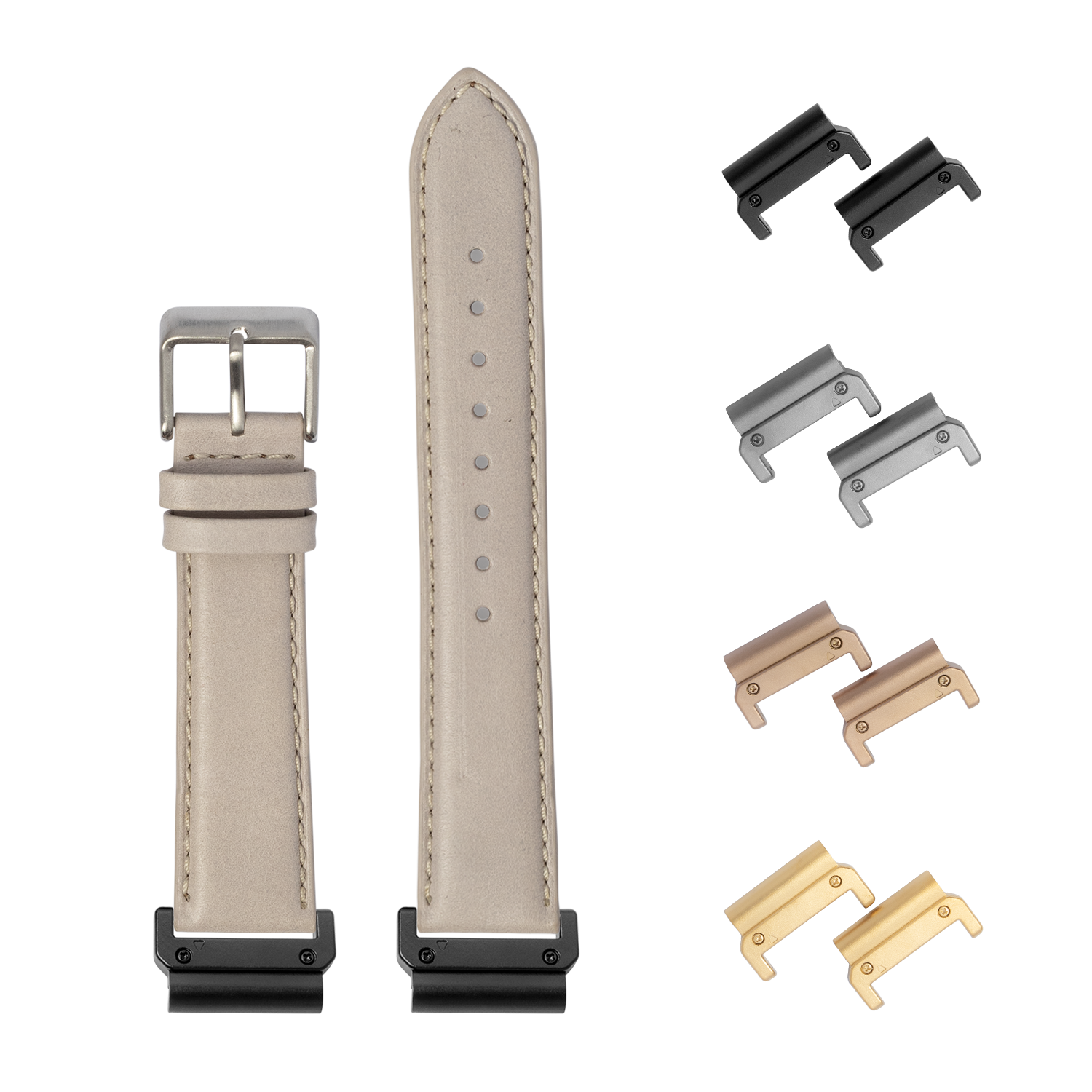 Beige leather QuickFit watch band 26mm with interchangeable metal lugs in black, silver, rose gold and gold finishes