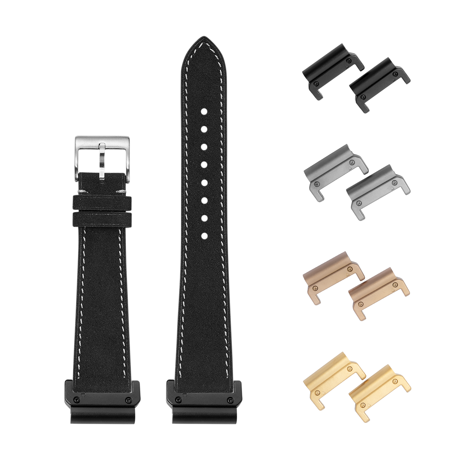 Interchangeable watch band with quick-fit connectors in black alcantara leather featuring white stitching, includes multiple metal keeper bars