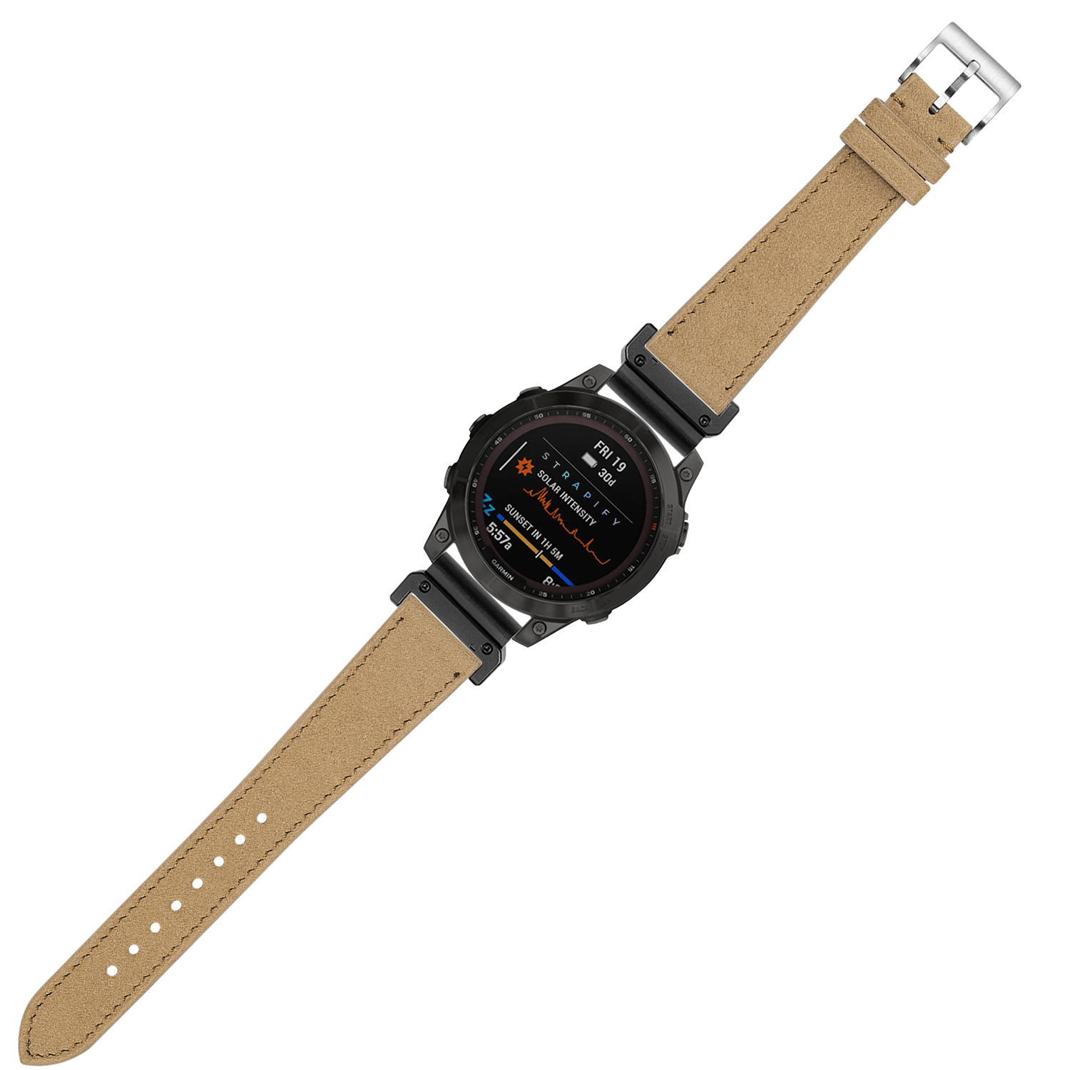 Black digital smartwatch with tan Alcantara leather strap and silver buckle featuring fitness metrics display