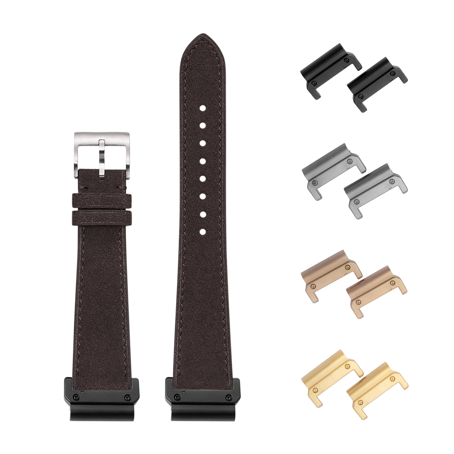 Alcantara leather dark brown 26mm quick fit watch band with silver buckle and interchangeable metal lugs in black, silver, rose gold and gold finishes
