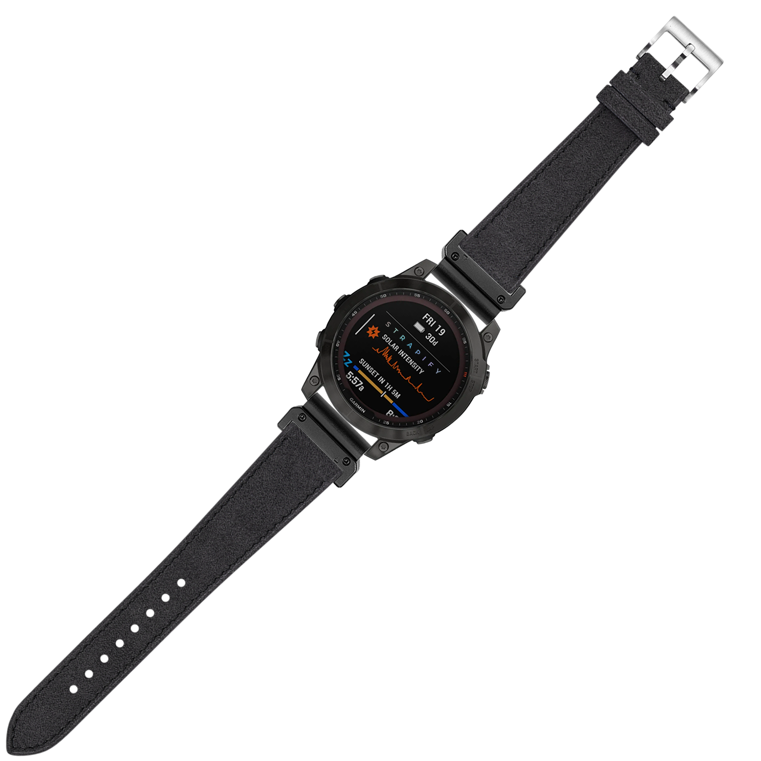 Dark grey Alcantara leather watch band 26mm QuickFit with metal buckle and orange digital display smartwatch